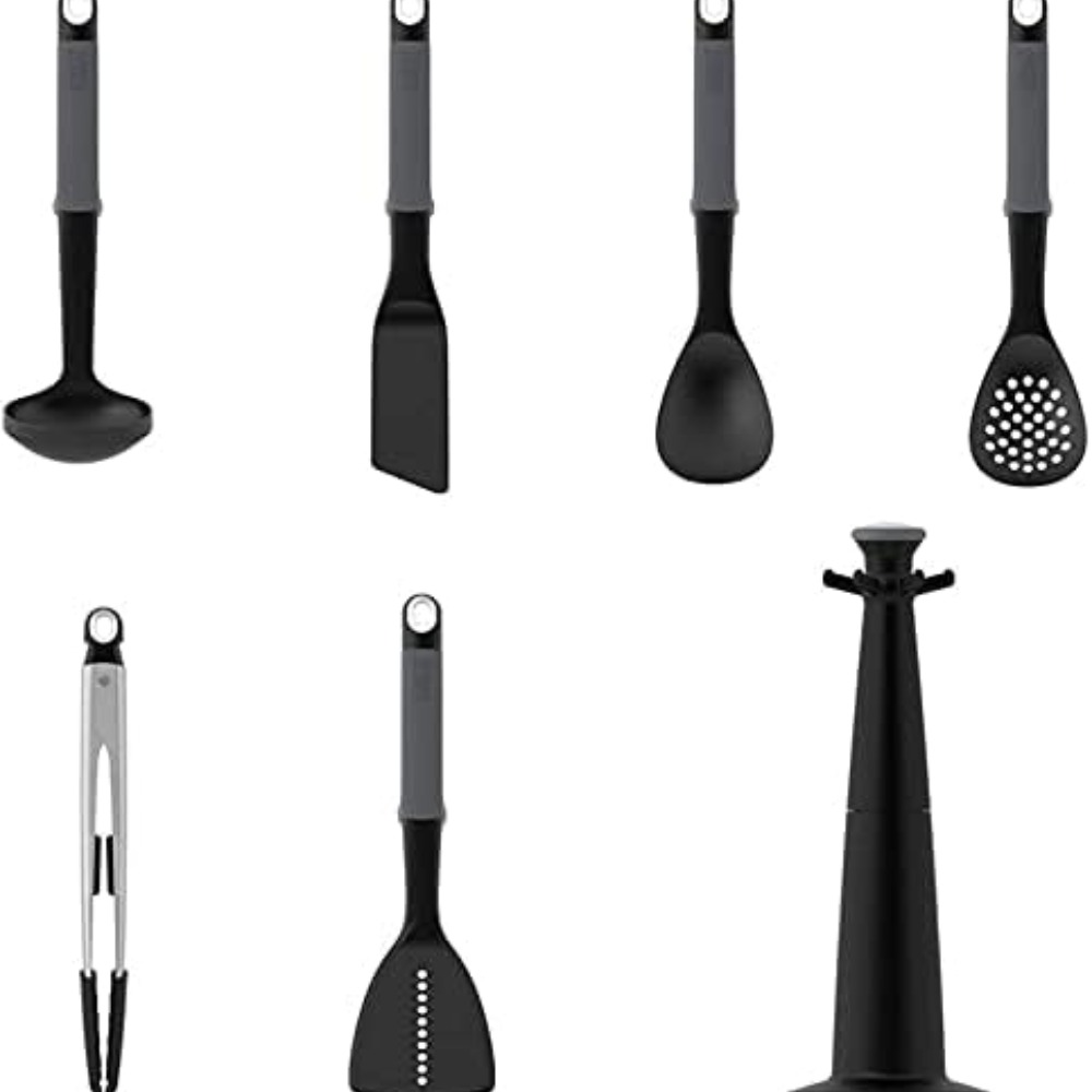 Juego 6 utensilios grises Joseph Joseph Elevate con pinzas, diseño ergonómico, resistente al calor.