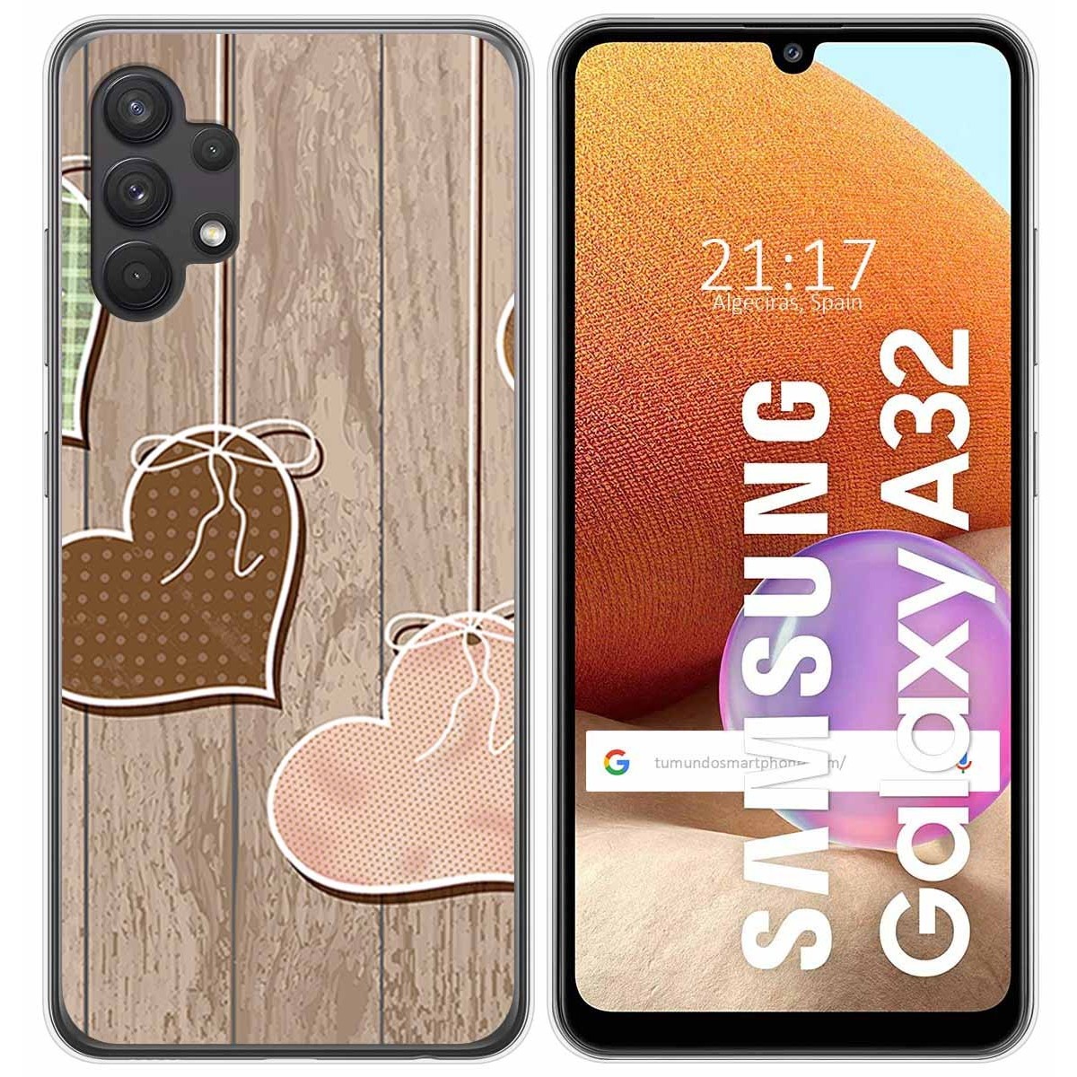 Tumundosmartphone Funda Gel Tpu para Samsung Galaxy A32 4G diseño Corazones Madera Dibujos