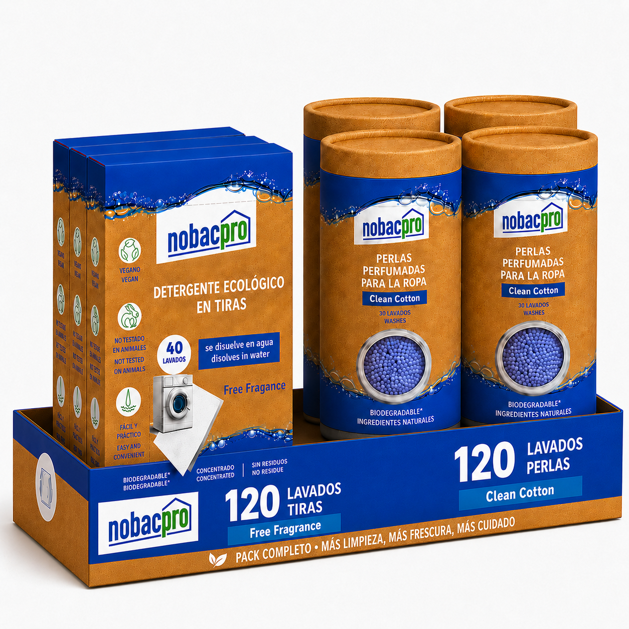 NobacPro - Pack Detergente en Tiras Lavadora + Perlas Perfumadas para Ropa | 40 / 80 / 120 Lavados Tiras Sin Fragancia + 30 / 90 / 120 Lavados Perlas Clean Cotton | Ecológico, Hipoalergénico, Vegano y Sin Plásticos