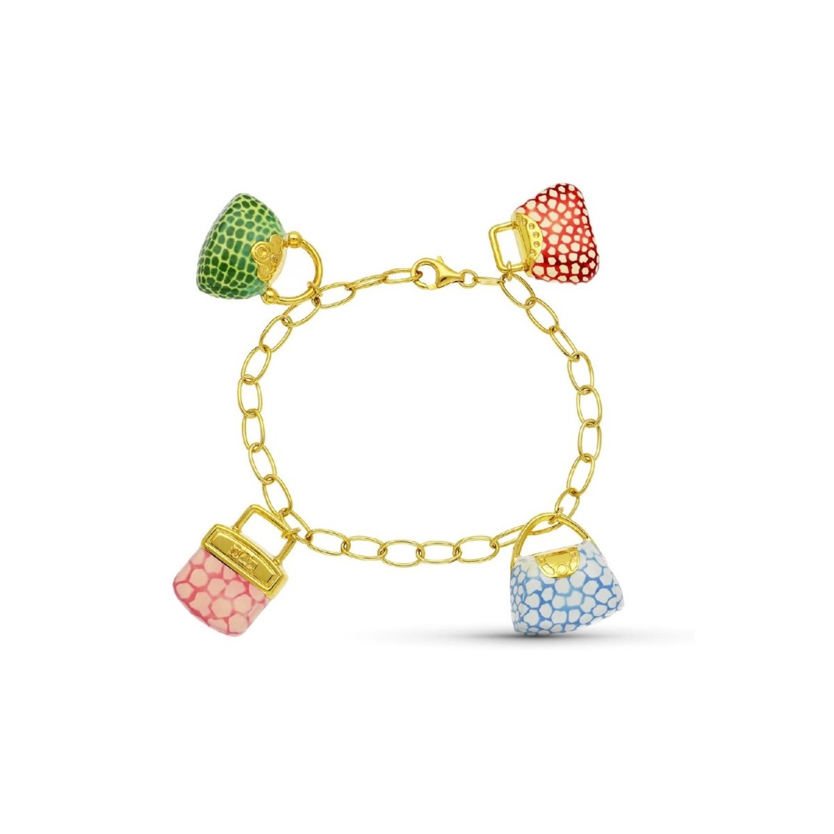 Pulsera oro 18k mujer forzada alargada fetiches bolsos esmaltados colores mosquetón