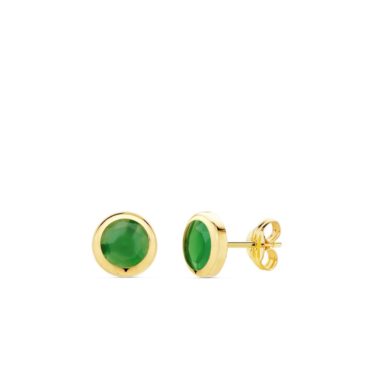 Pendientes oro 18k chatón 6.5mm. piedra verde cierre presión mujer