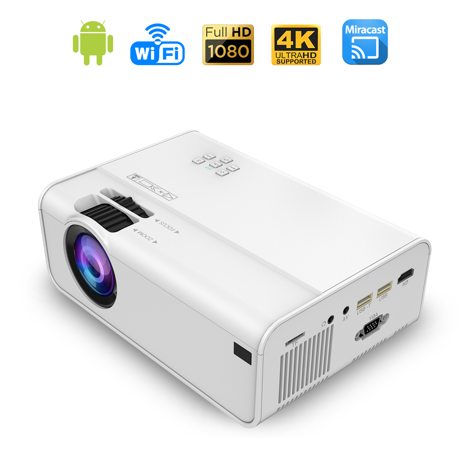 DAM. Video proyector LED A13 con Wifi y Android 6.0 incorporado. Full  HD1080P, soporta 4K. De 27 a 200 pulgadas, brillo 8000 lm, altavoz  incorporado.Medidas : 21x8x15cm.