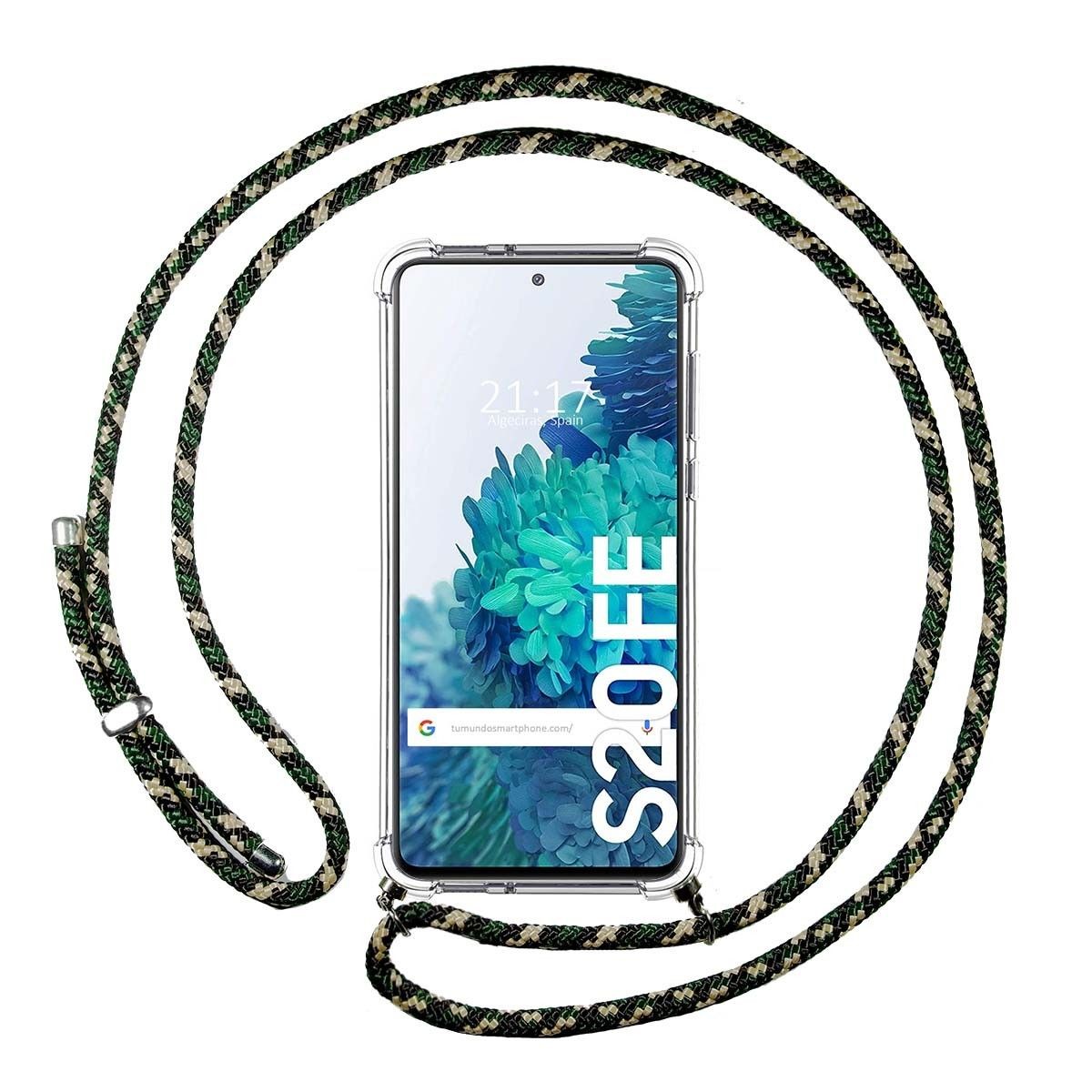 Tumundosmartphone Funda Colgante Transparente para Samsung Galaxy S20 FE con Cordon Verde / Dorado