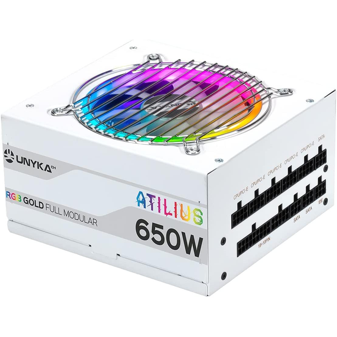 Unykach Fuente de Alimentación Full Modular ATX ATILIUS RGB 650W White, 90% de Eficiencia, con Ventilador Ultrasilencioso de 120 mm y luz RGB, 256 Colores, Efecto Rainbow
