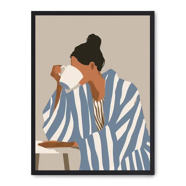 Cuadro morning coffee 30x40cm, Póster impreso en papel de primera calidad de 180gr, montado sobre marco de madera MDF acabado en negro., Arte - Pinturas