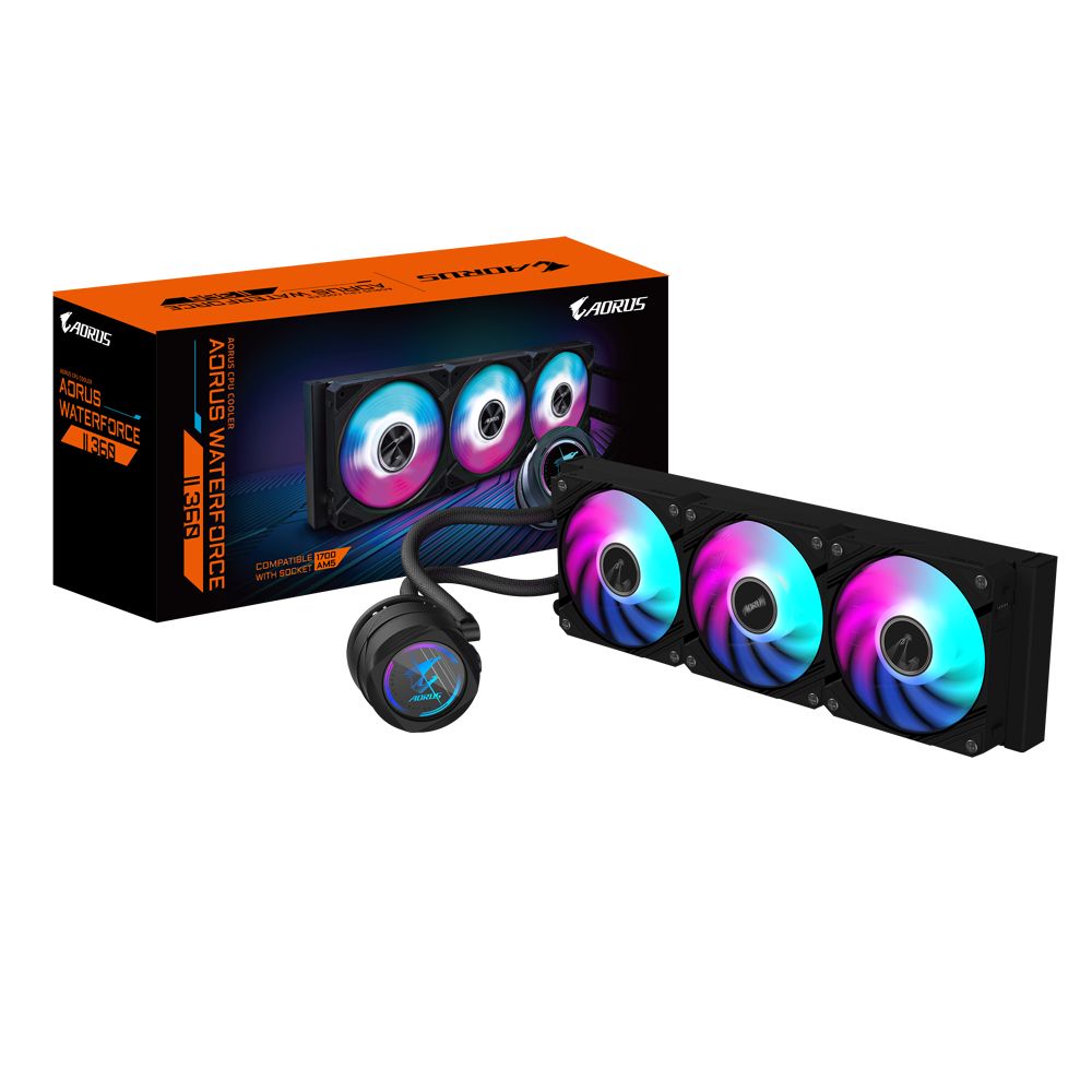 AORUS - Ventilador para PC AORUS VE10154147 de 12 cm, sistema de refrigeración líquida todo en uno WATERFORCE II 360 con radiador de 360 mm, acabado negro elegante y flujo de aire optimizado para gaming y trabajos creativos exigentes