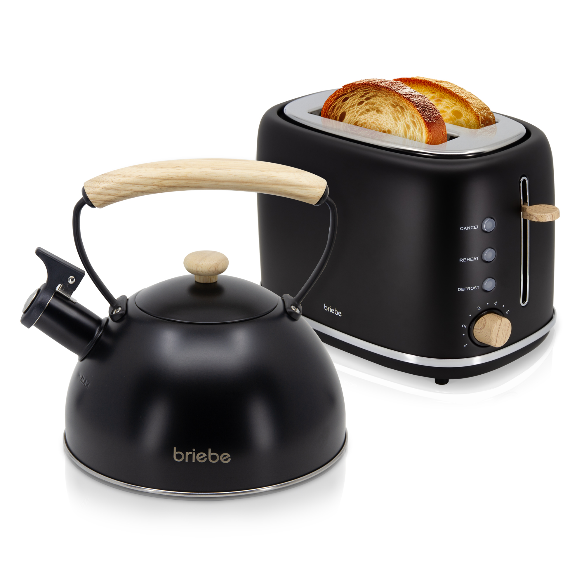 Briebe SKT1177BLK Nordic Set Tostadora Pan Ranura Ancha 2 Rebanadas + Tetera 2,3L Acero Inox, Inducción Libre BPA, 870W, Negro