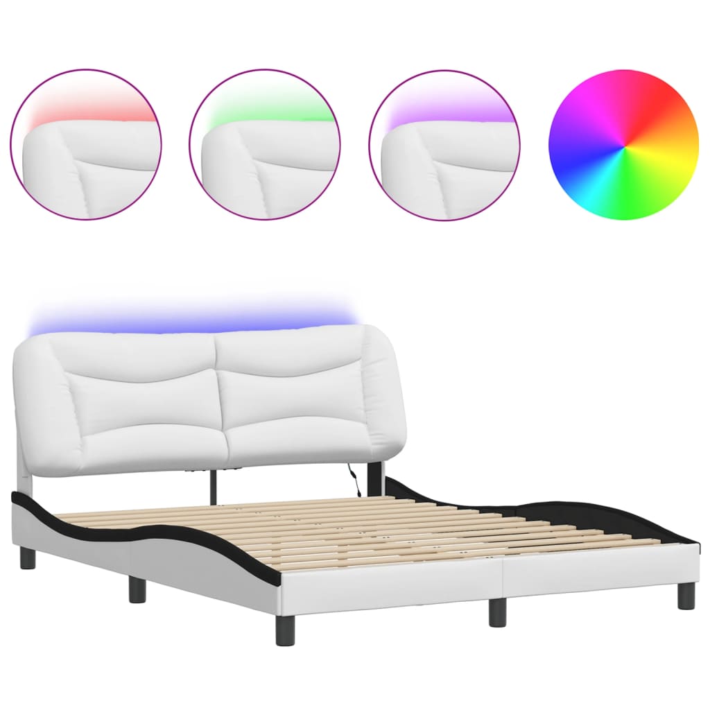 vidaXL Estructura de cama con luz LED cuero PE blanco negro 160x200 cm