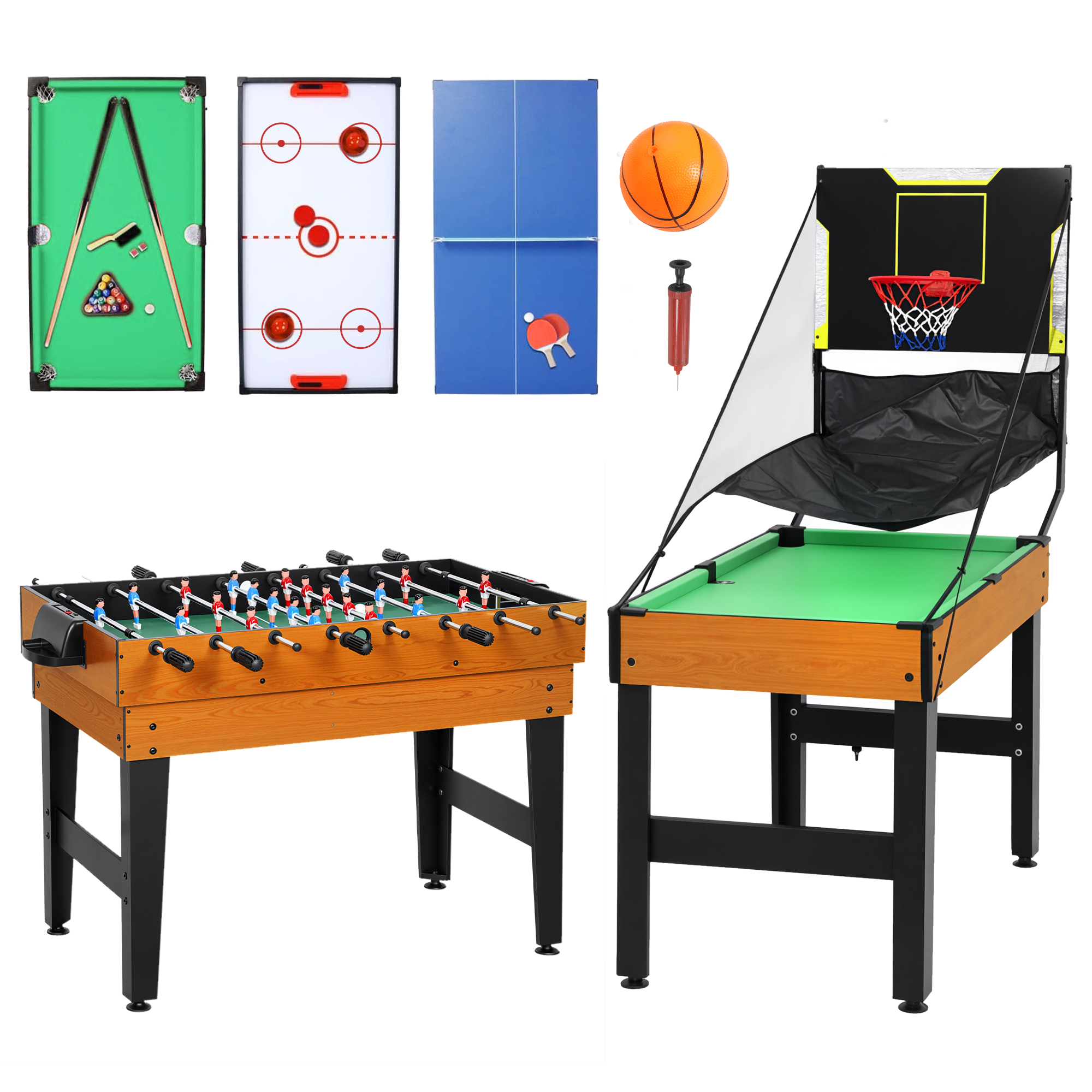 SPORTNOW Mesa Multijuegos 5 en 1, Mesa de Juego con Futbolines para Niños, Billar, Ping-pong, Hockey y Baloncesto, Diversión Familiar para Adultos y Niños, 134x108x144 cm, Natural y Negro