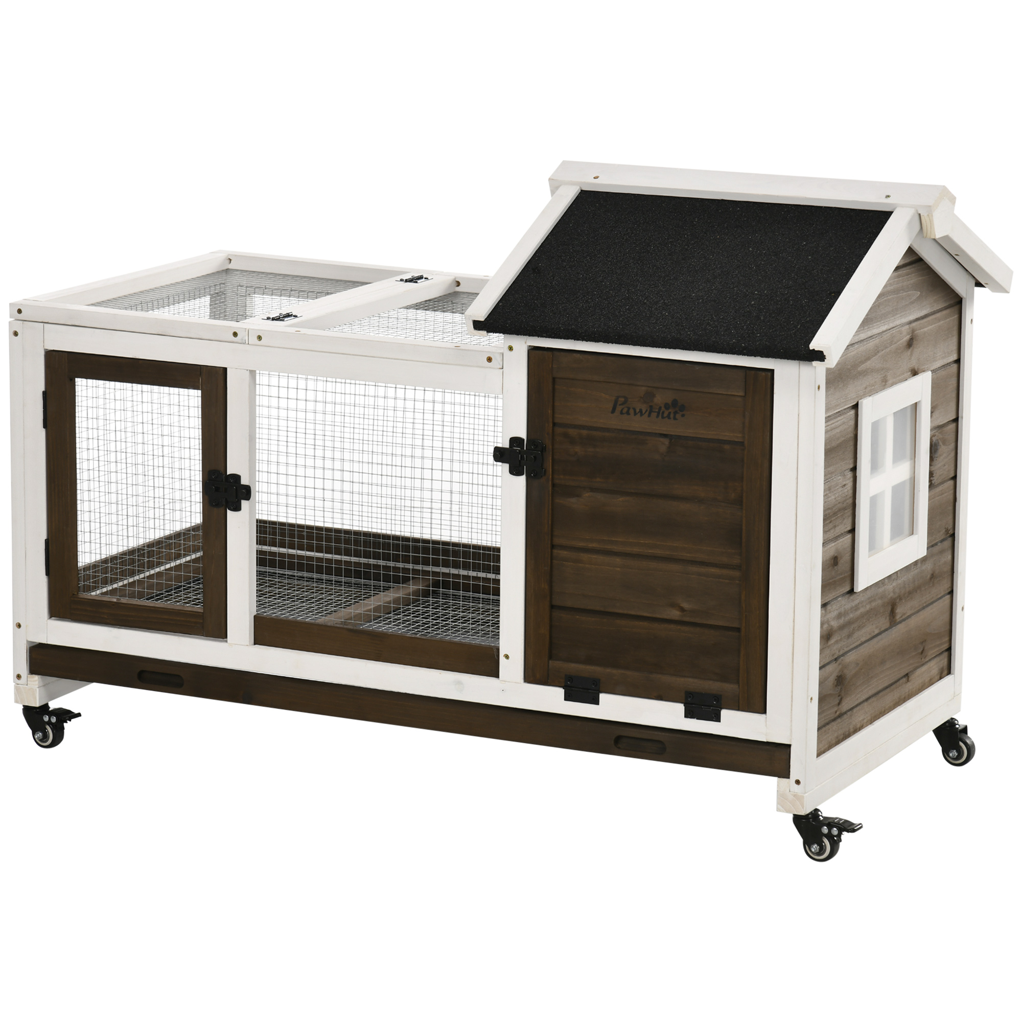 PawHut Conejera de Madera con Ruedas Jaula para Conejos con Techo Puede Abrir y Bandeja Extraíble Conejera para Interior y Exterior 108x58x73,5 cm Café