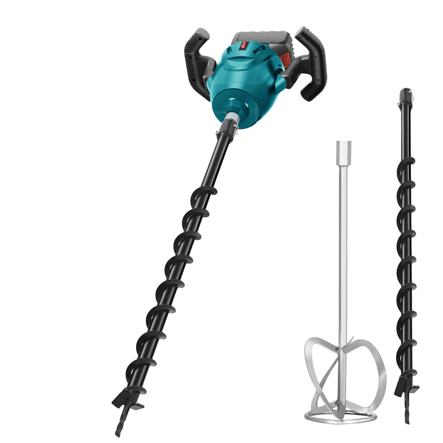 Taladro eléctrico para tierra de 20V con motor sin escobillas. Dos baterías de 15.000 mAh, 2 brocas de 40/60 mm y mezclador incluido.
