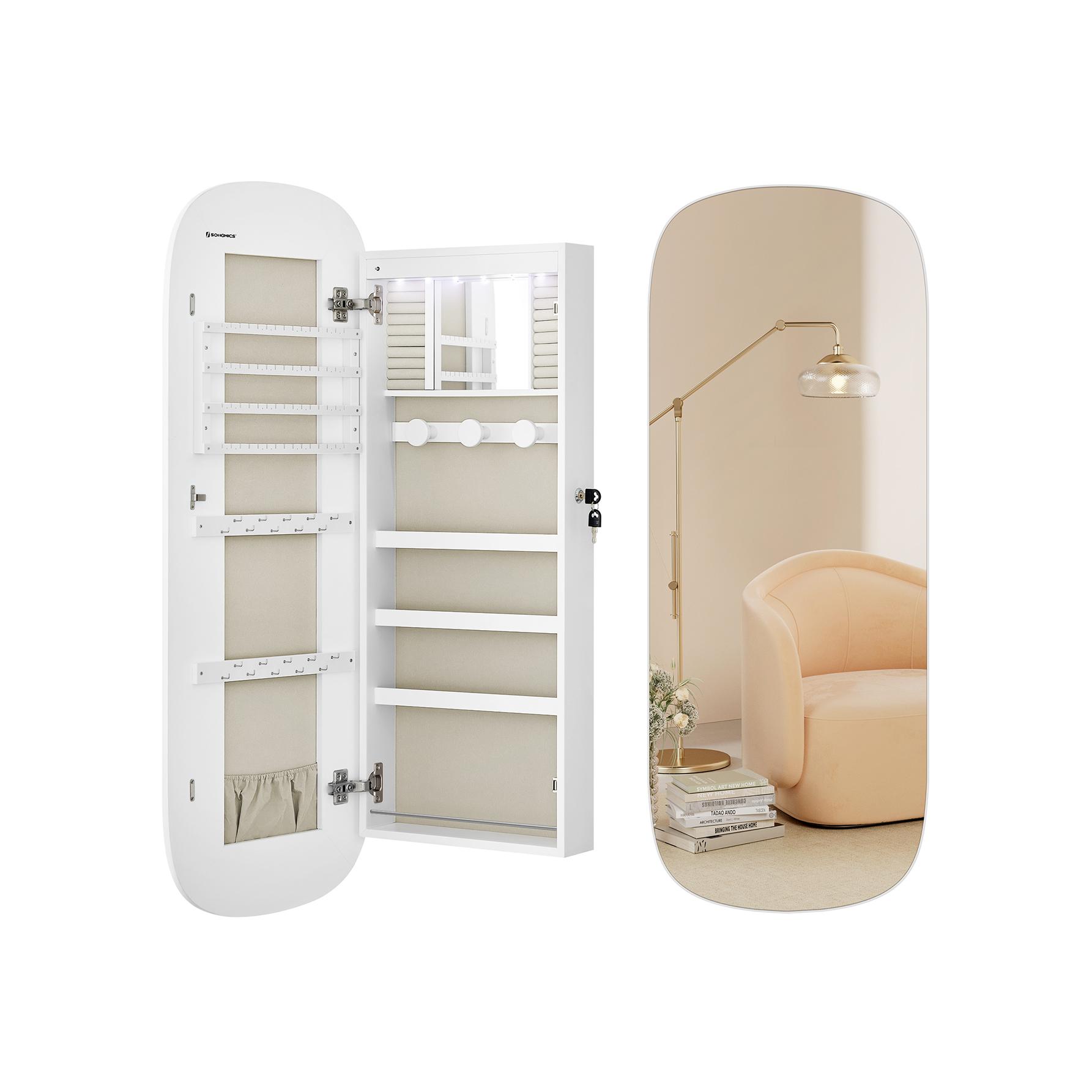 SONGMICS Armario para Joyas, Espejo Joyero de Pared, Organizador con Luz LED y Cerradura, Varios Compartimentos, para Pendiente, Collar, Superficie Blanca y Forro Gris Beige, Regalo de Navidad