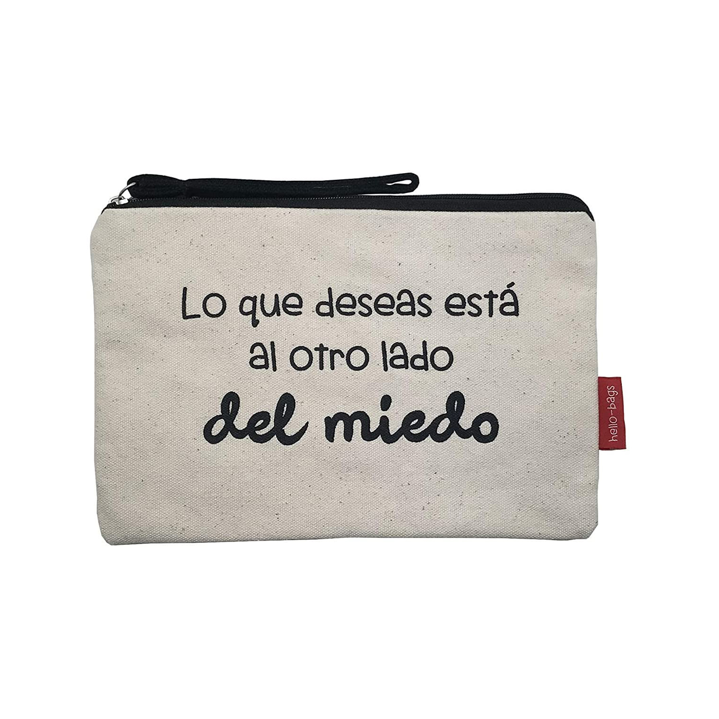 Hello-Bags. Bolso Neceser / Cartera de Mano con cremallera y forro interior. Exterior: Algodón 100%. Incluye sobre kraft de regalo. Modelo LOQUEDESEAS. Color: Crudo / Negro. 23x15,5 cm.