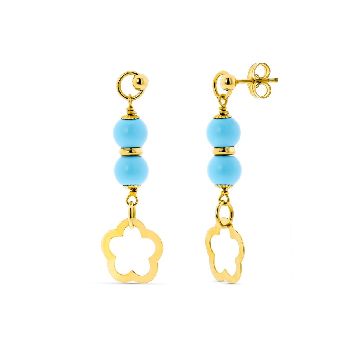 Pendientes oro 18k mujer bolas 6mm. turquesa reconstituida flor calada colgando cierre presión