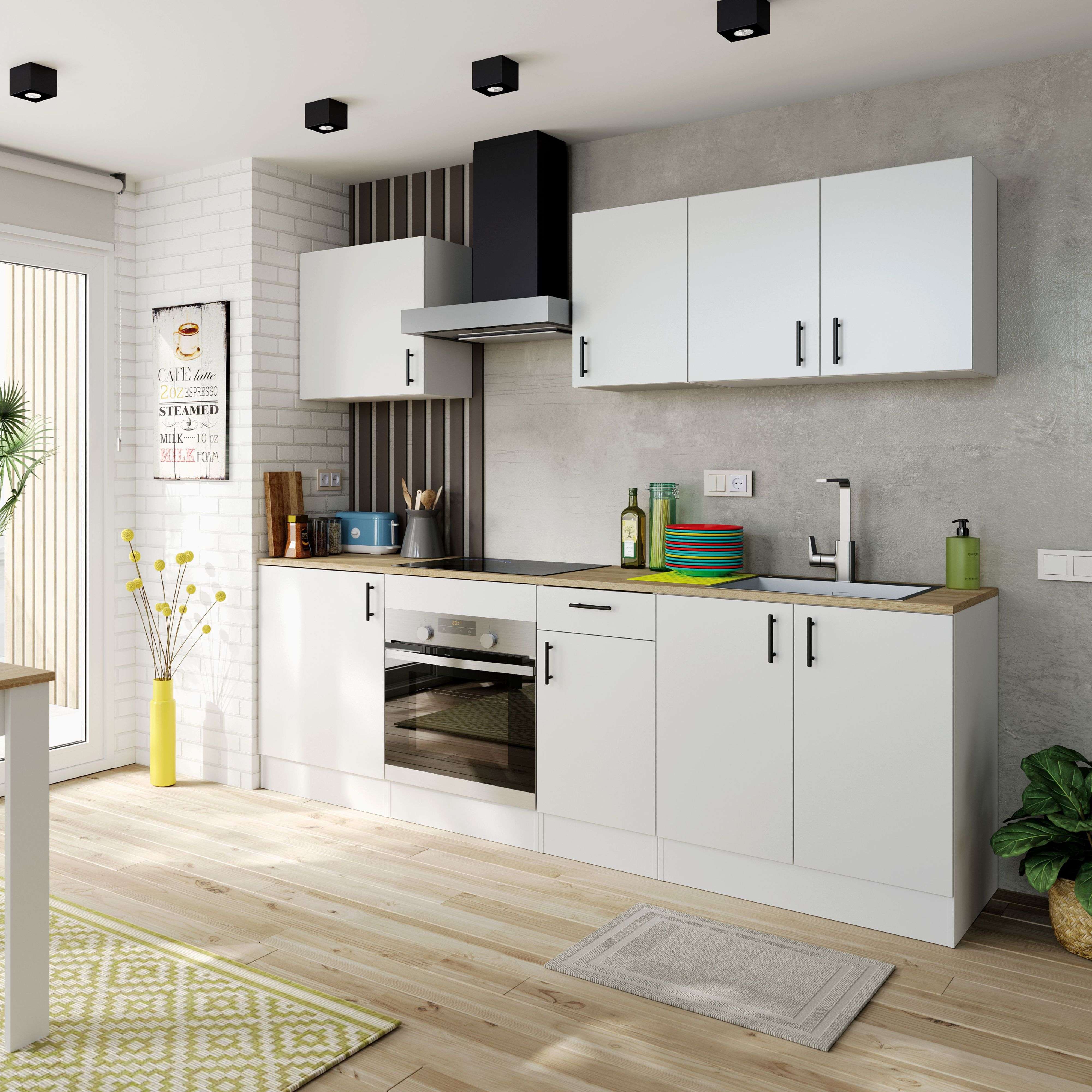 Miroytengo Conjunto de Muebles de Cocina Kira Completa Estilo Nórdico en Blanco Brillo y Roble Canadian