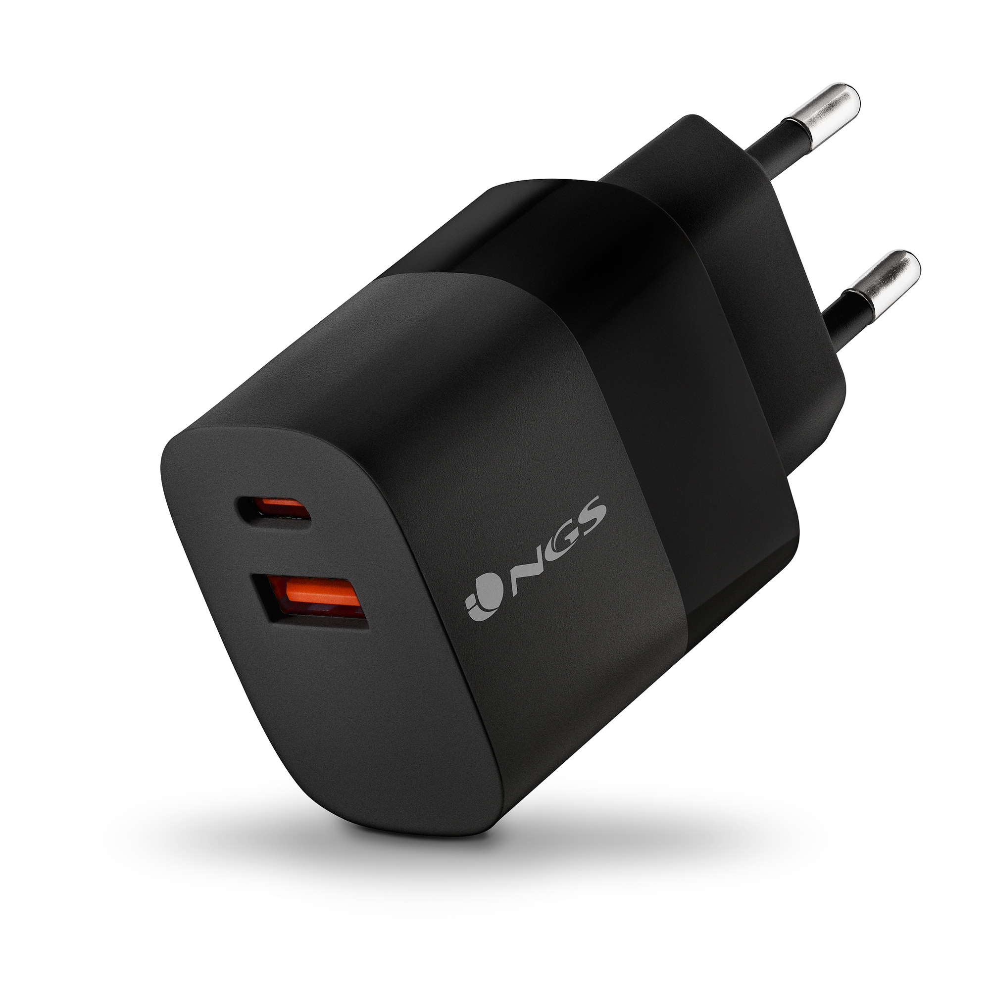 NGS BUD 45W: Cargador GaN de pared universal 45W con 2 Puertos: USB-C + USB-A. Carga rápida y segura. Gran compatibilidad. Carga simultánea. Negro.