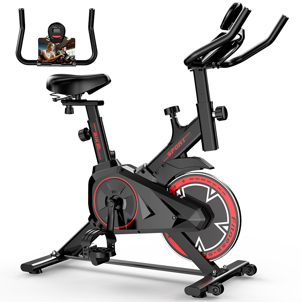 Bicicleta estática QK101 bicicleta de spinning con carga máxima de 120 kg, soporte para iPad y pantalla LCD, transmisión por correa silenciosa