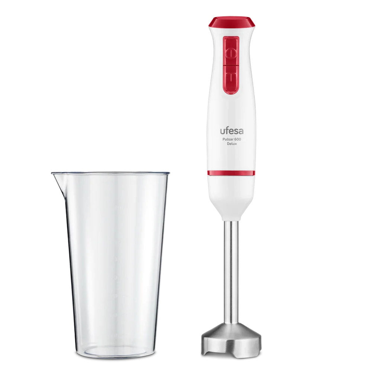 Ufesa - Batidora de mano Pulsar Delux 600W con función turbo y doble cuchilla de alta eficiencia, diseño ergonómico anti salpicaduras y vaso medidor de 600 ml libre de BPA para batidos y cremas perfectas