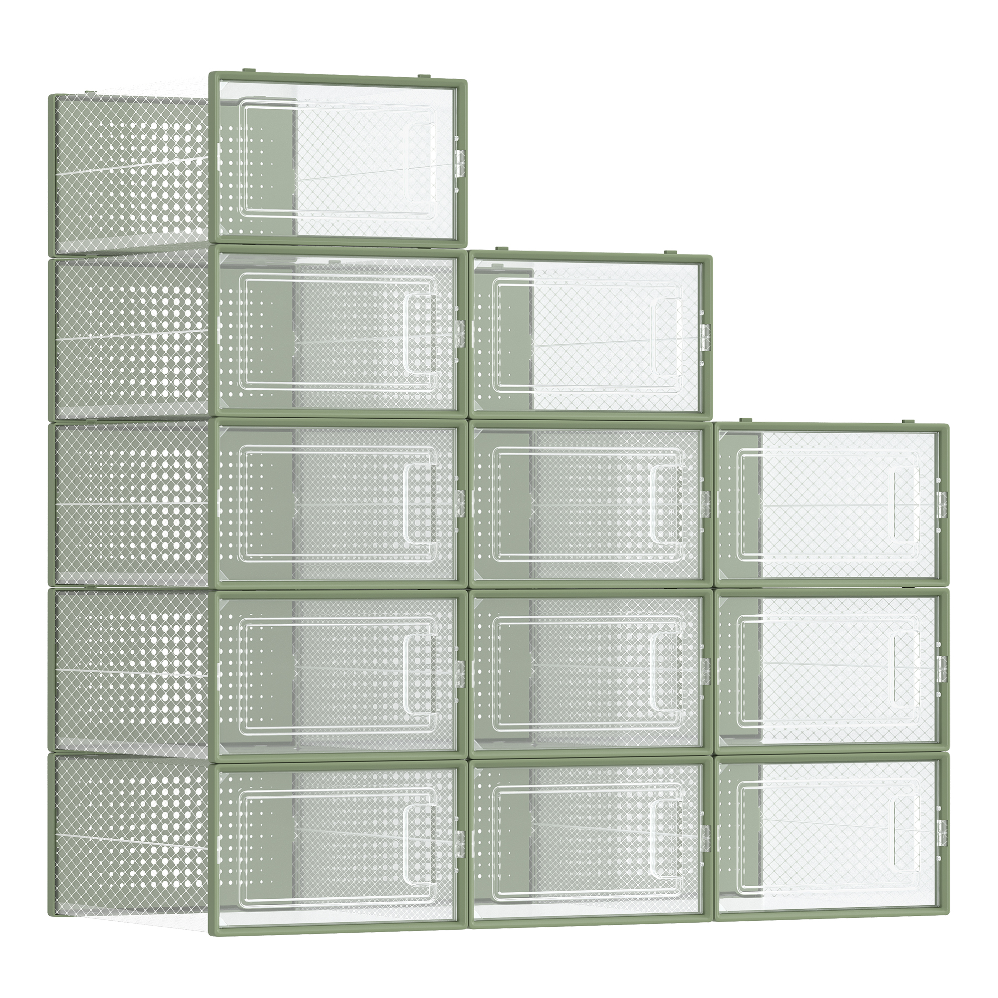 SONGMICS Cajas de Zapatos Plástico, Juego de 12 Organizadores de Almacenamiento, Caja Zapatero Plástico Plegable y Apilable para Zapatillas hasta talla 44, Transparente y Blanco/Transparente y Azul Carbón/Transparente y Verde Laurel