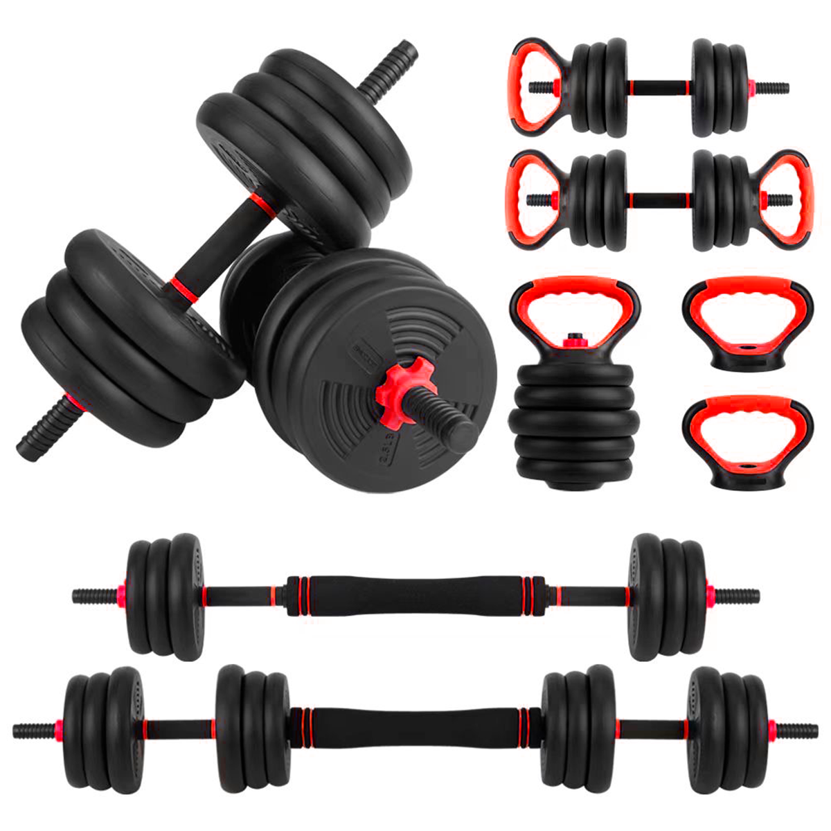 Par de mancuernas 20kg ajustables Mobimax(60-110 cm) con accesorios de pesas rusas