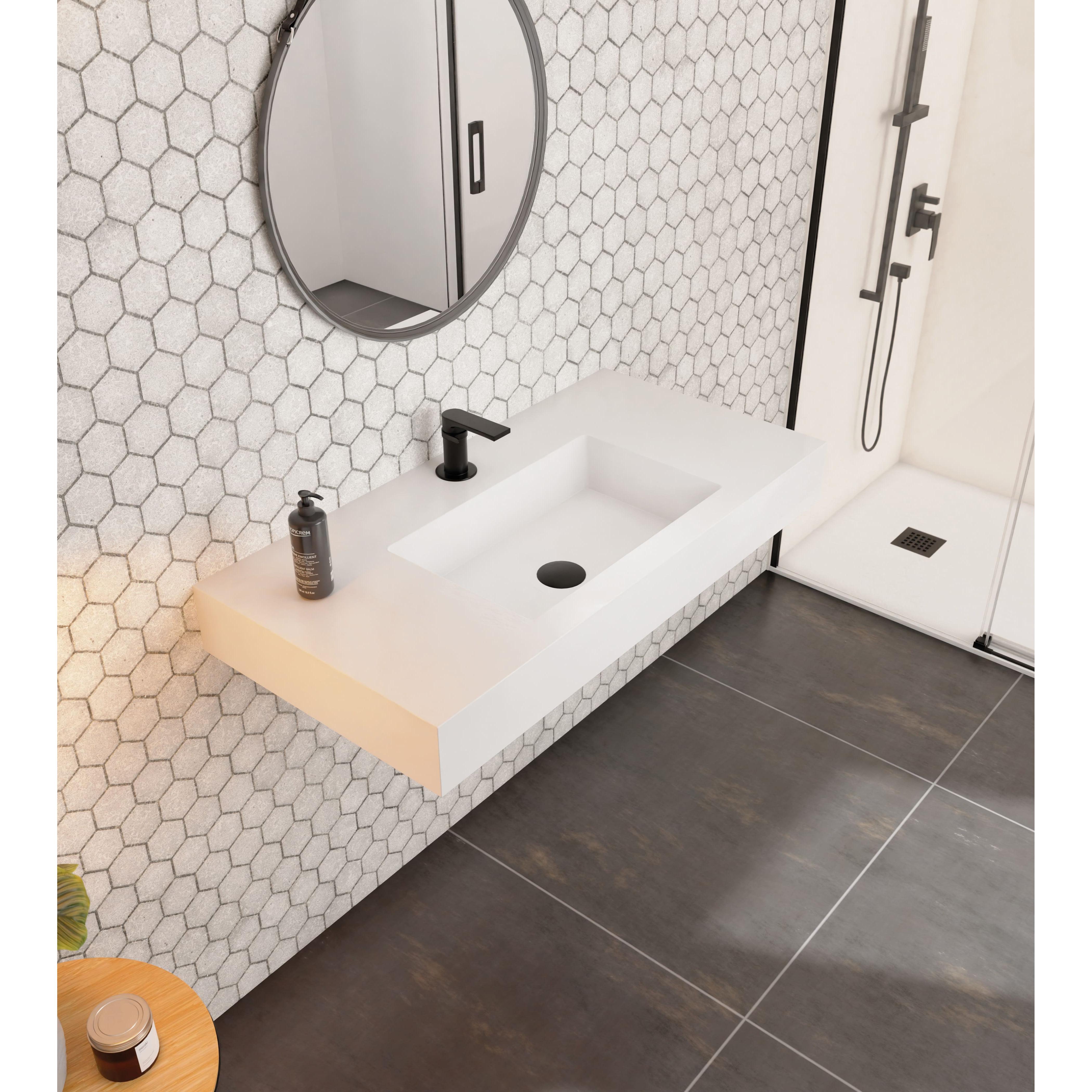 Lavabo suspendido de resina blanco 80 x  46,5 x 12 cm - Encimera para baño con orificio para grifo - Lavabo colgante de resina - Lavabo rectangular