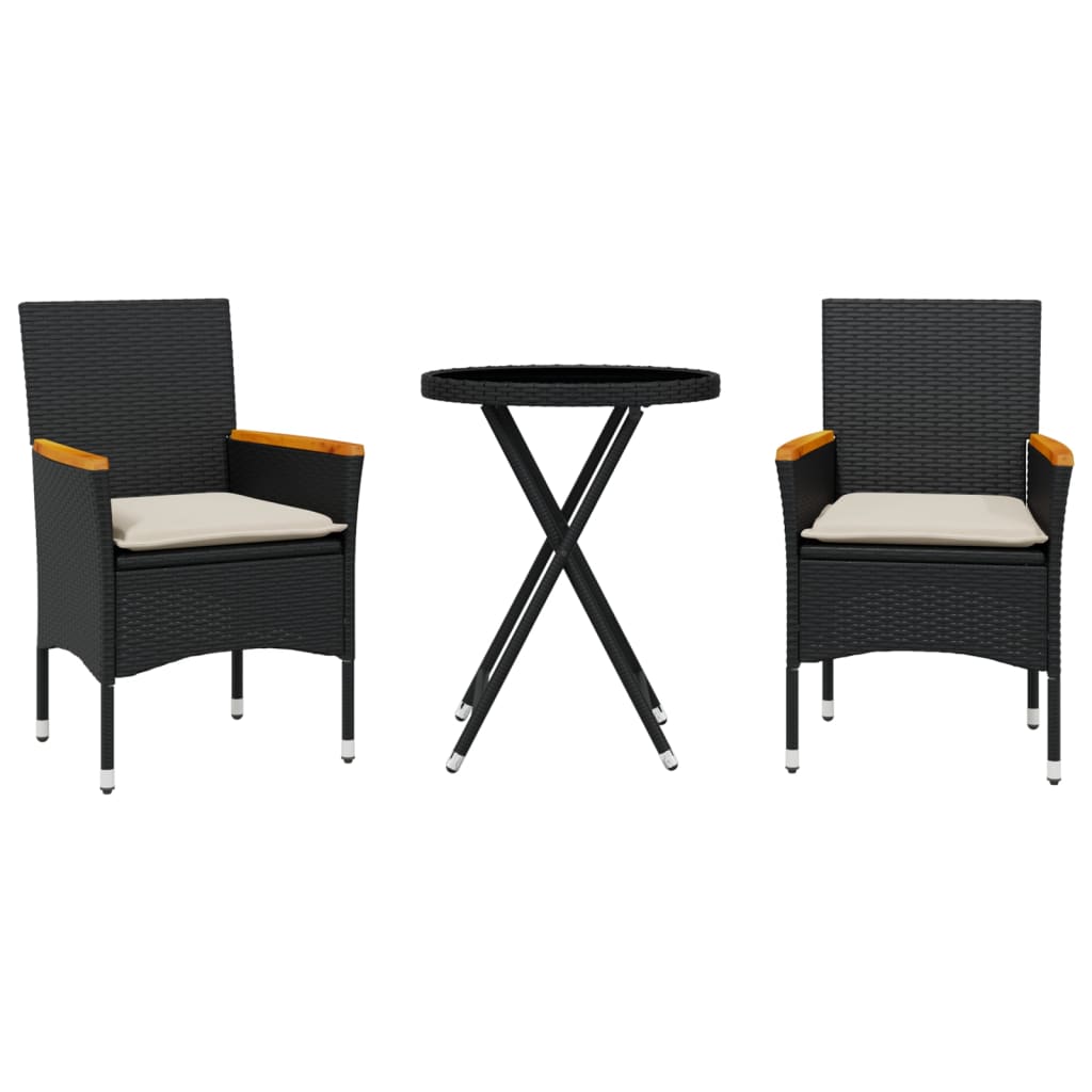 vidaXL Mesita y sillas con cojines 3 pzas ratán sintético acacia en color Gris/Negro | cómodas modernas ergonómicas para comedor cocina salón hogar