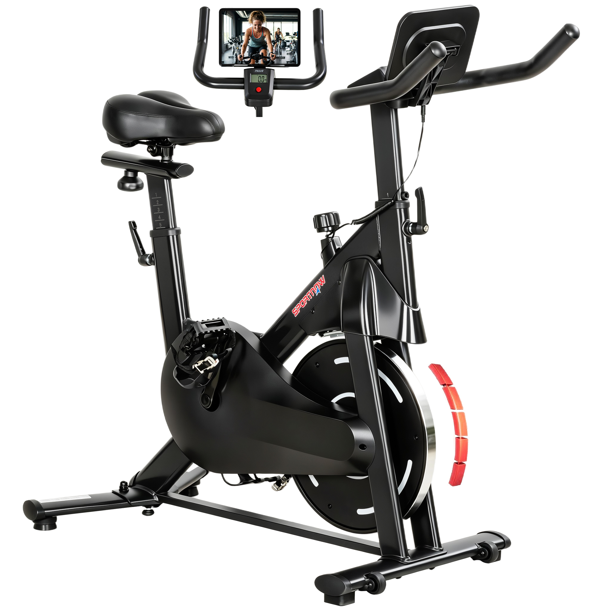SPORTNOW Bicicleta Estática en Casa con Resistencia Magnética Regulable, Bici Estática Silenciosa con Pantalla LCD, Volante, Asiento y Manillar Ajustables, Ruedas y Soporte para Tablet, Carga 120 kg
