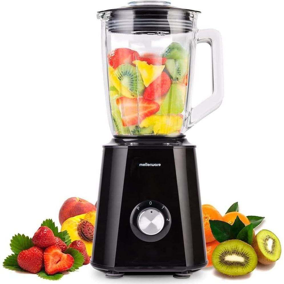 Mellerware - Batidora de vaso eléctrica 1500W. Jarra cristal 1,5L, 6 cuchillas. Tratamiento fruta, smoothie, picadora, Batidos. Picahielos. INOX. T