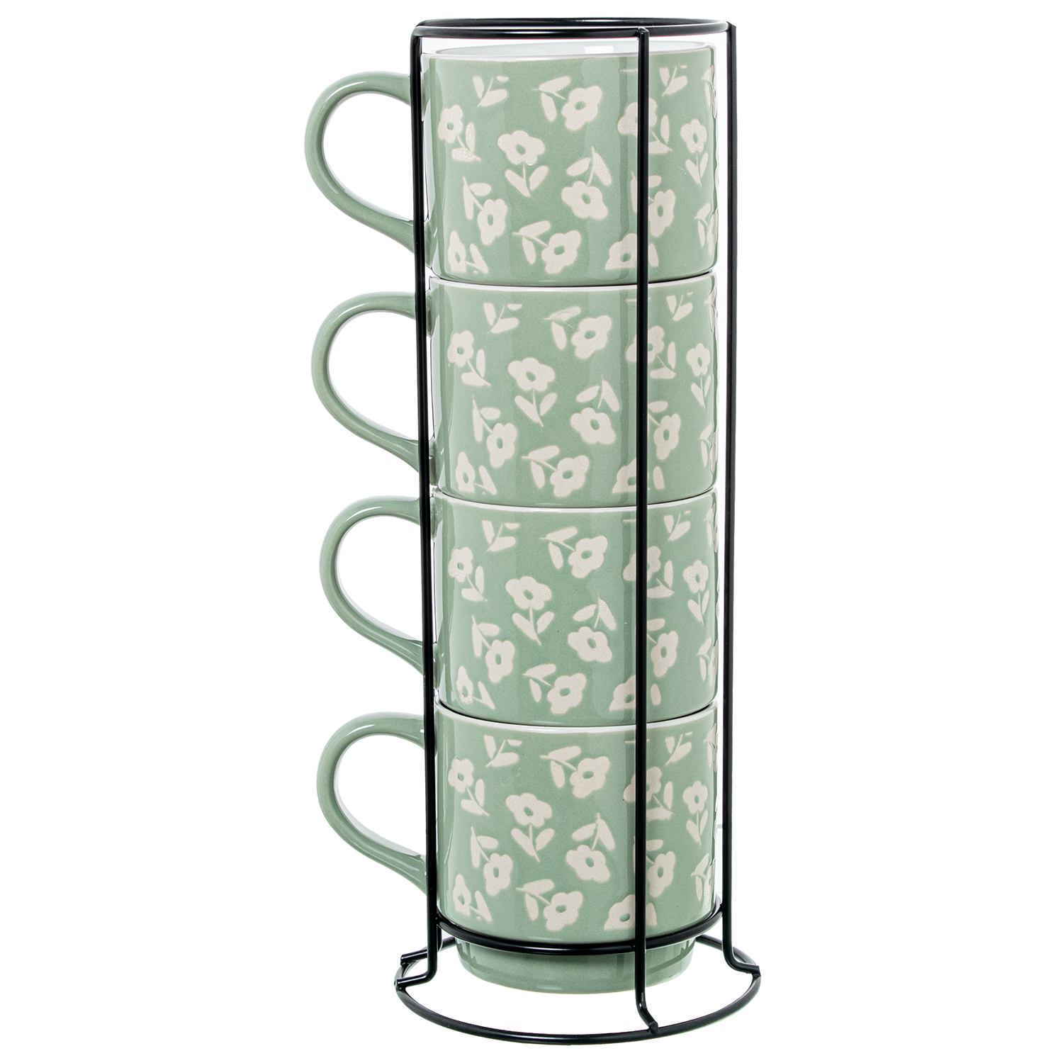 Set 4 mugs ceramica verde flores con soporte metal negro mug: 355ml 9x9cm