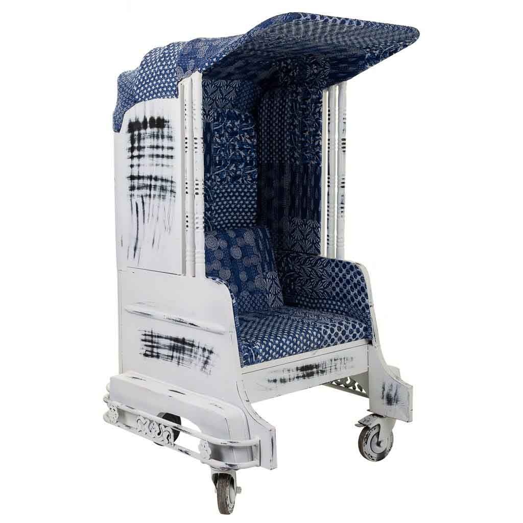 Wonderlust Deco - Sillón tuk tuk de metal blanco y tapizado azul 90x90x160 Blanco 90x90x160h cm