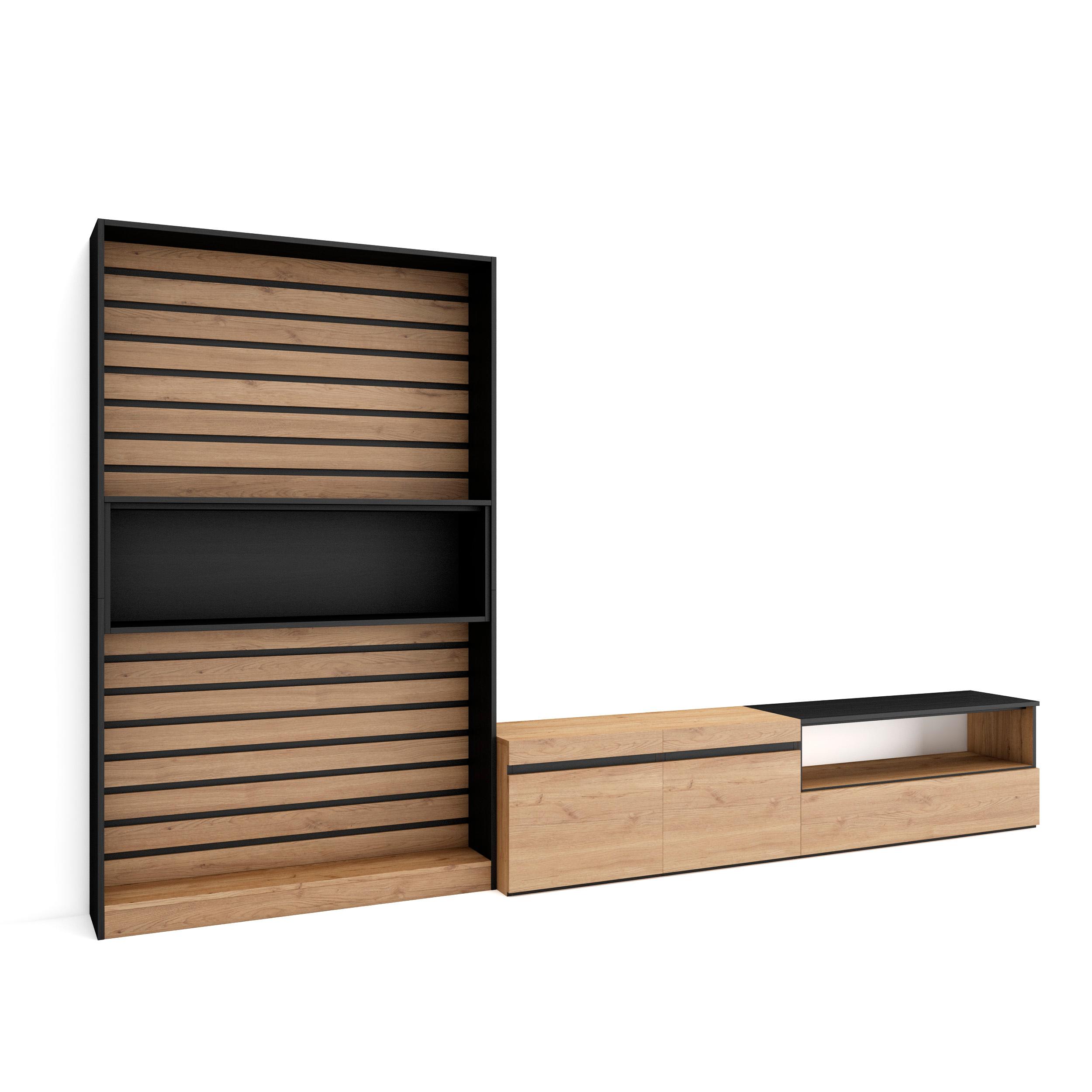 Skraut Home - Conjunto de muebles de Salón - Estantería y organización - Mueble TV - Veteado de madera - Tacto poroso de alta calidad - Estilo Moderno - Medidas totales 310x35x186cm