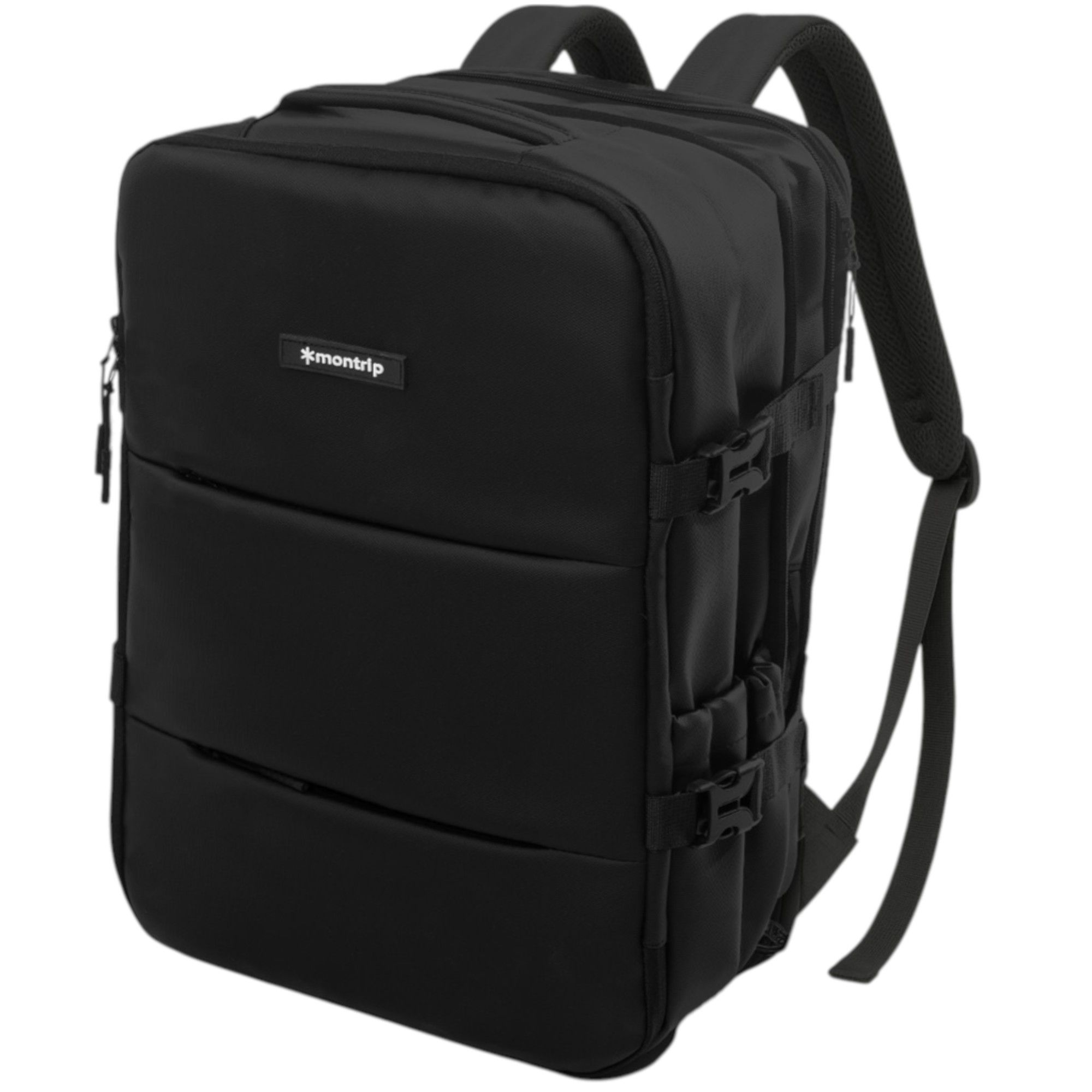 Mochila de cabina Montrip (20-25L, 1kg). 40x30x20 - Negra, expansible, ergonómica y ligera. Con 10 compartimentos internos y externos para portátil, zapatillas y objetos personales. Compatible como equipaje de mano en las principales aerolíneas.