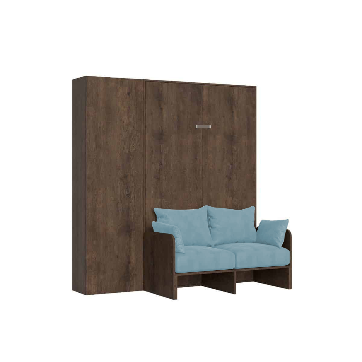 Cama doble plegable francesa Kentaro de 140 cm con sofá y columna de nogal, azul claro - Itamoby
