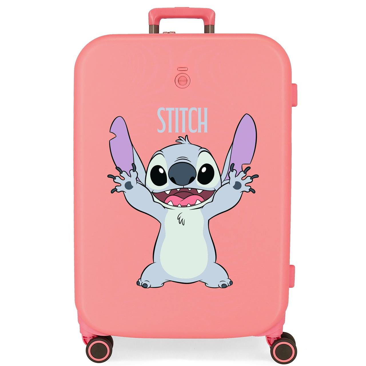 Maleta mediana Stitch Playful de 48 cm x 70 cm x 28 cm. Tiene una capacidad de 79L y pesa 4 kg. Fabricada en ABS, un material resistente y ligero.