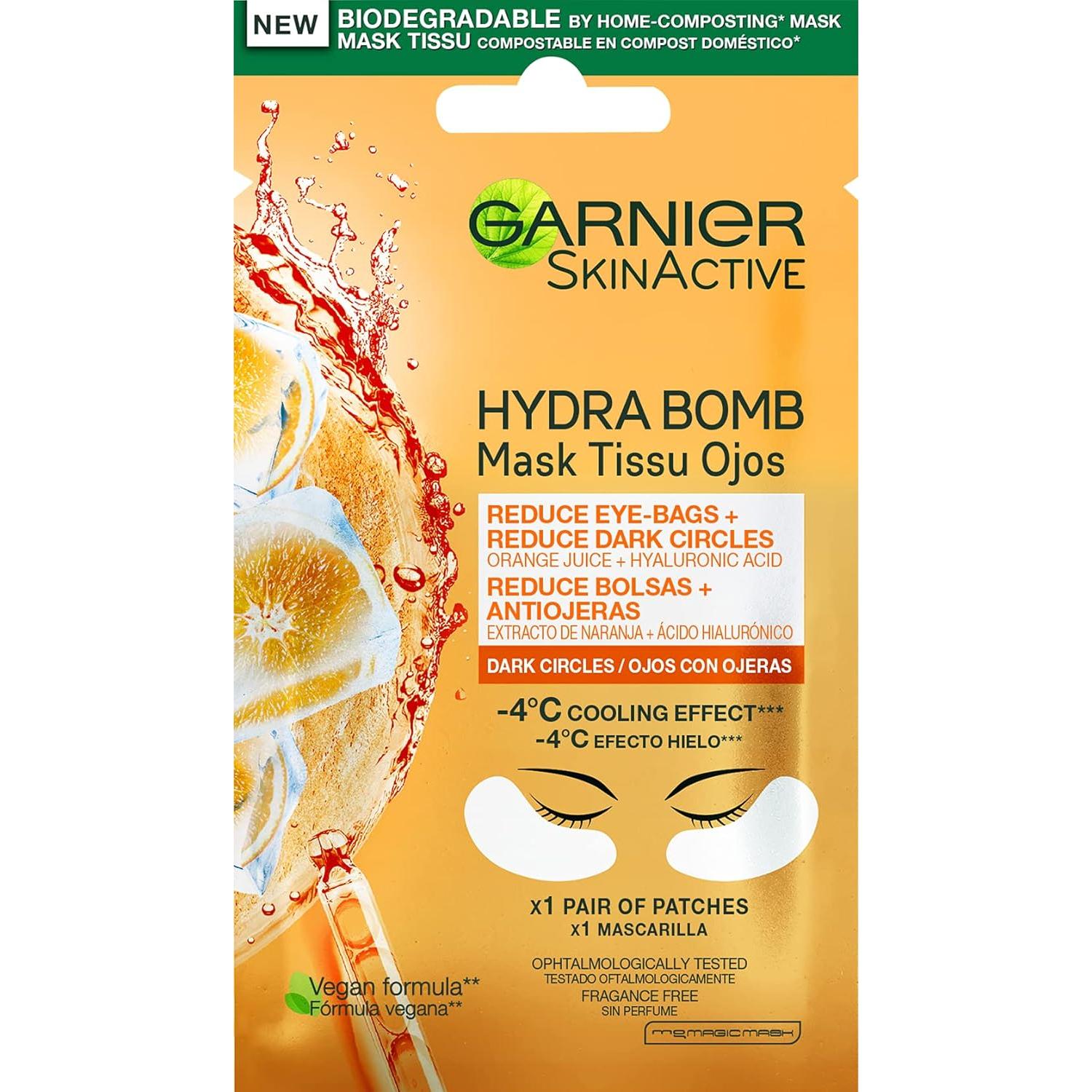 GARNIER Skin Active Mascarilla de Tela Contorno de Ojos Anti-Fatiga y Anti-Ojeras con Ácido Hialurónico y Extracto de Naranja