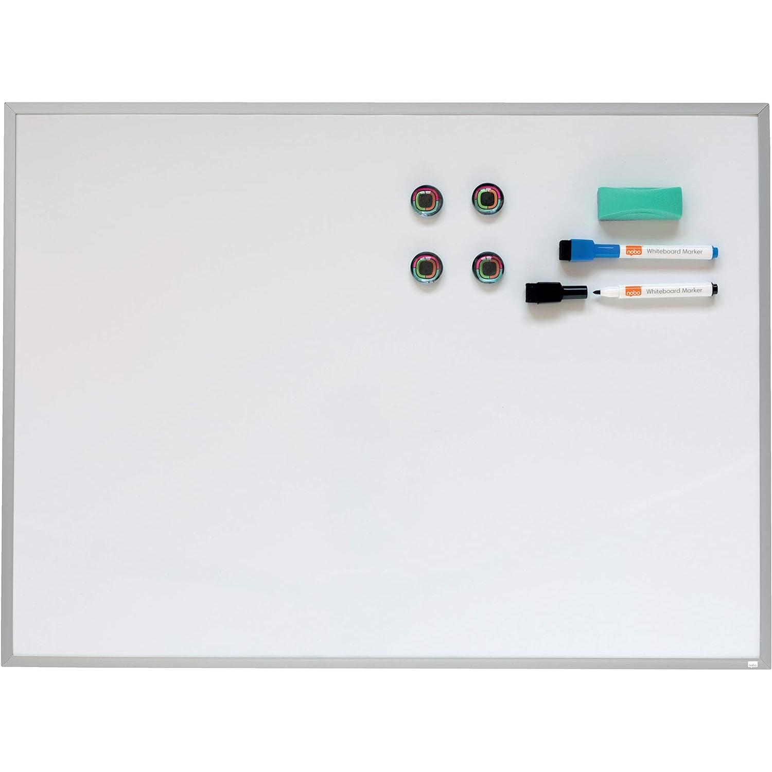 Nobo Pizarra Magnética Pequeña de Pared 585 X 430 Mm - Marco de Aluminio - Borrado en Seco - Casa y Oficina - Incluye Rotuladores E Imanes - Blanco