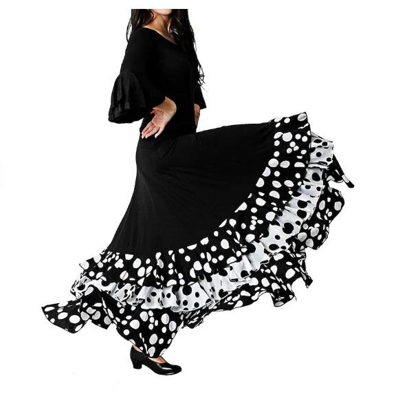 ANUKA Falda Flamenca Profesional Negra con 3 Volantes y Topos Blancos o Rojos