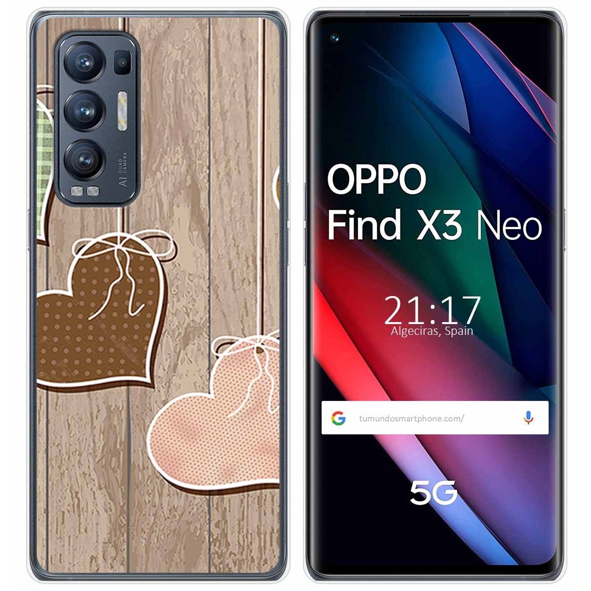 Tumundosmartphone Funda Gel Tpu para Oppo Find X3 Neo 5G diseño Corazones Madera Dibujos