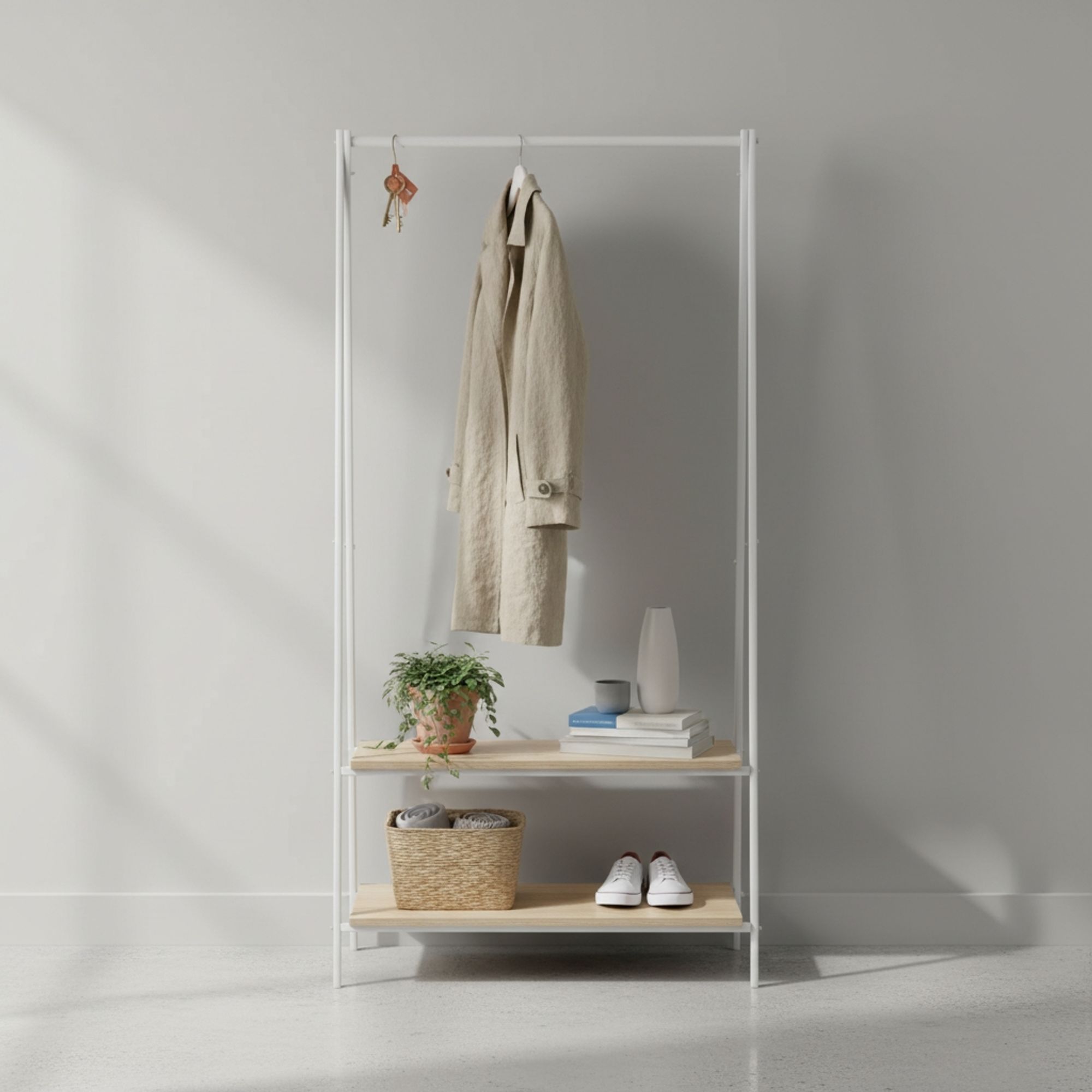 MOBLEKIT | Percheros de Pie y Percheros Extensibles de Metal y Madera, Burros de Ropa con Opciones Ajustables, con Ruedas o Estantes, Organizadores para Dormitorio, Entrada y Hogar