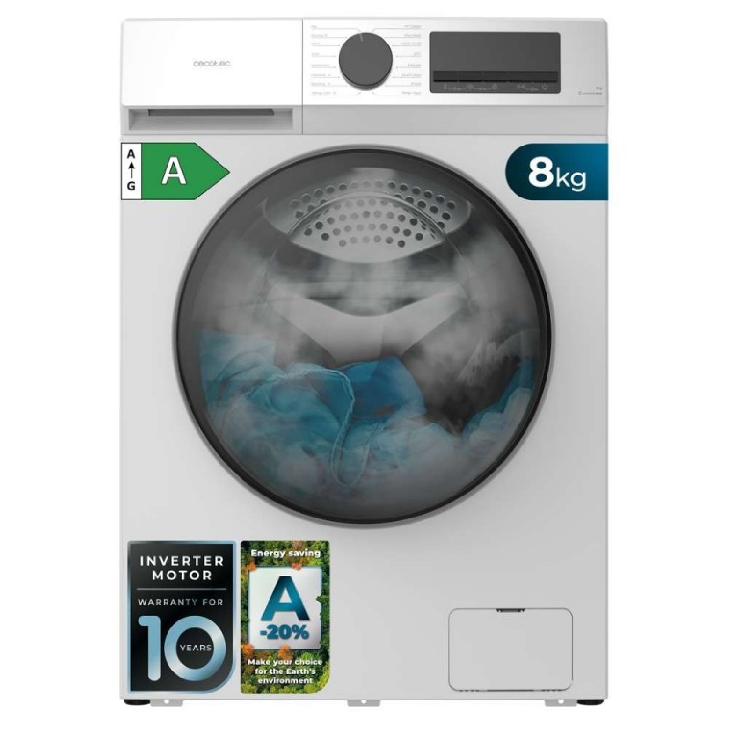 Cecotec Lavadora Carga Frontal 8Kg Bolero DressCode 8450 Inverter, 1400 rpm, 16 programas, Clase A-20%, Motor Inverter Plus