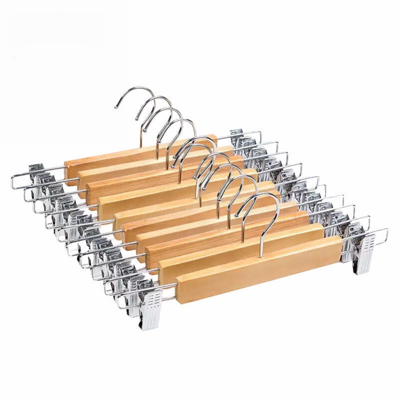 STARLEY-Pack Perchas De Madera Natural Muy Resistente Para Faldas y Pantalones, Con Pinzas Anticorrosivas Color Claro Alta Calidad, Especiales Para Pantalones Anchos y Faldas Simple y Elegante