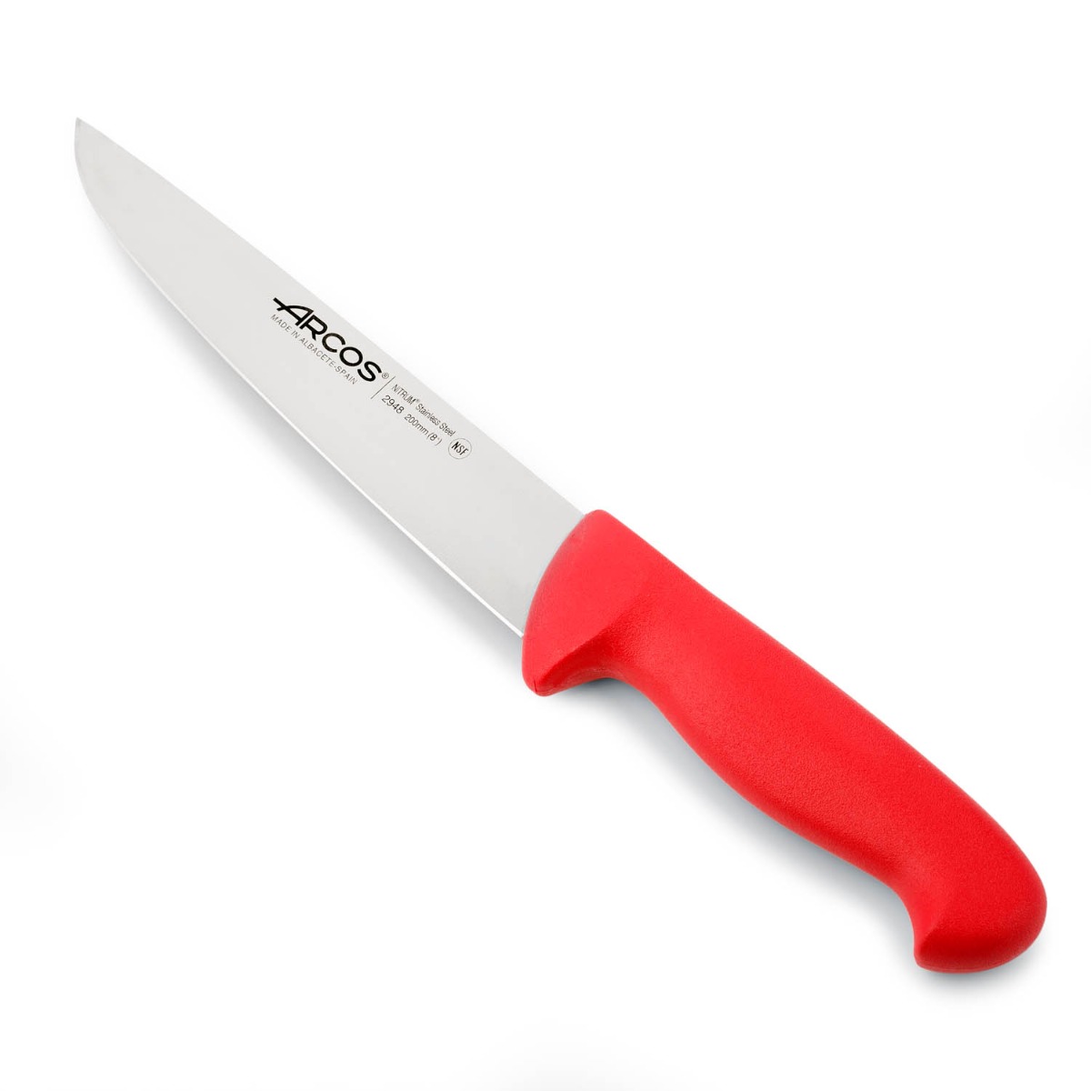 Arcos Cuchillo carnicero con Hoja Acero Inoxidable Nitrum 200 mm. Cuchillo cocina profesional cortar carne, pescado y verduras. Mango ergonómico polioximetileno. Serie 2900. Color rojo.