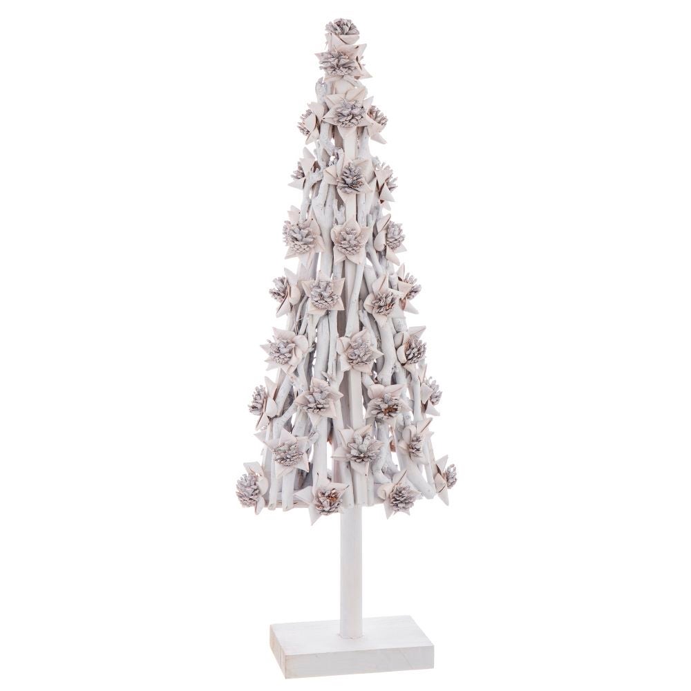 Lola Home Árbol de Navidad triángulo de Troncos de Madera y piñas Blanco de 100 cm - LOLAhome