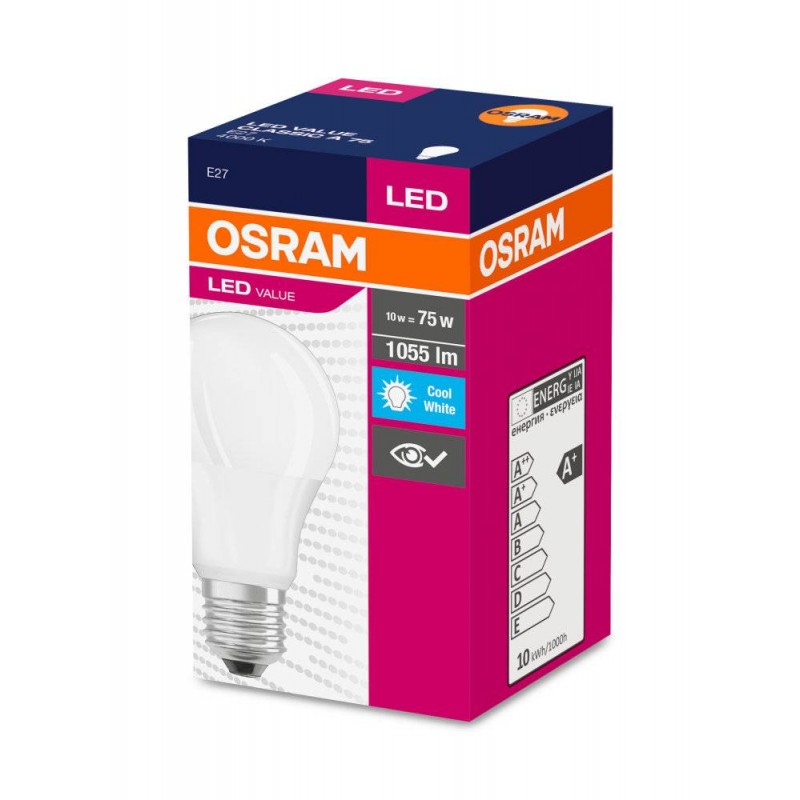 Osram - Bombilla LED A60 CLASSIC 10w 865 E-27 opal de alta eficiencia, 1060 lm y 10.000 horas, ideal para lámparas de techo, mesita de noche y salón