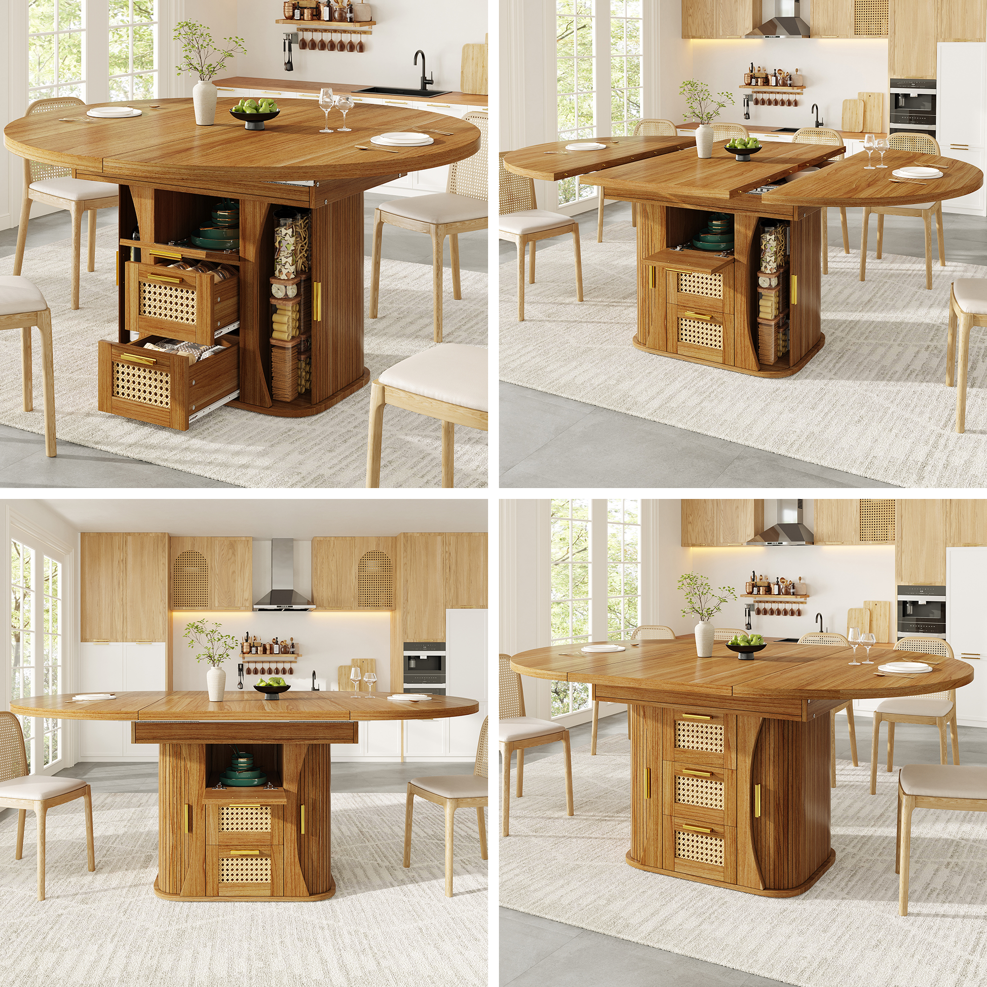 Table à manger extensible 118 à 158 cm avec tiroirs effet rotin et rangement intégré