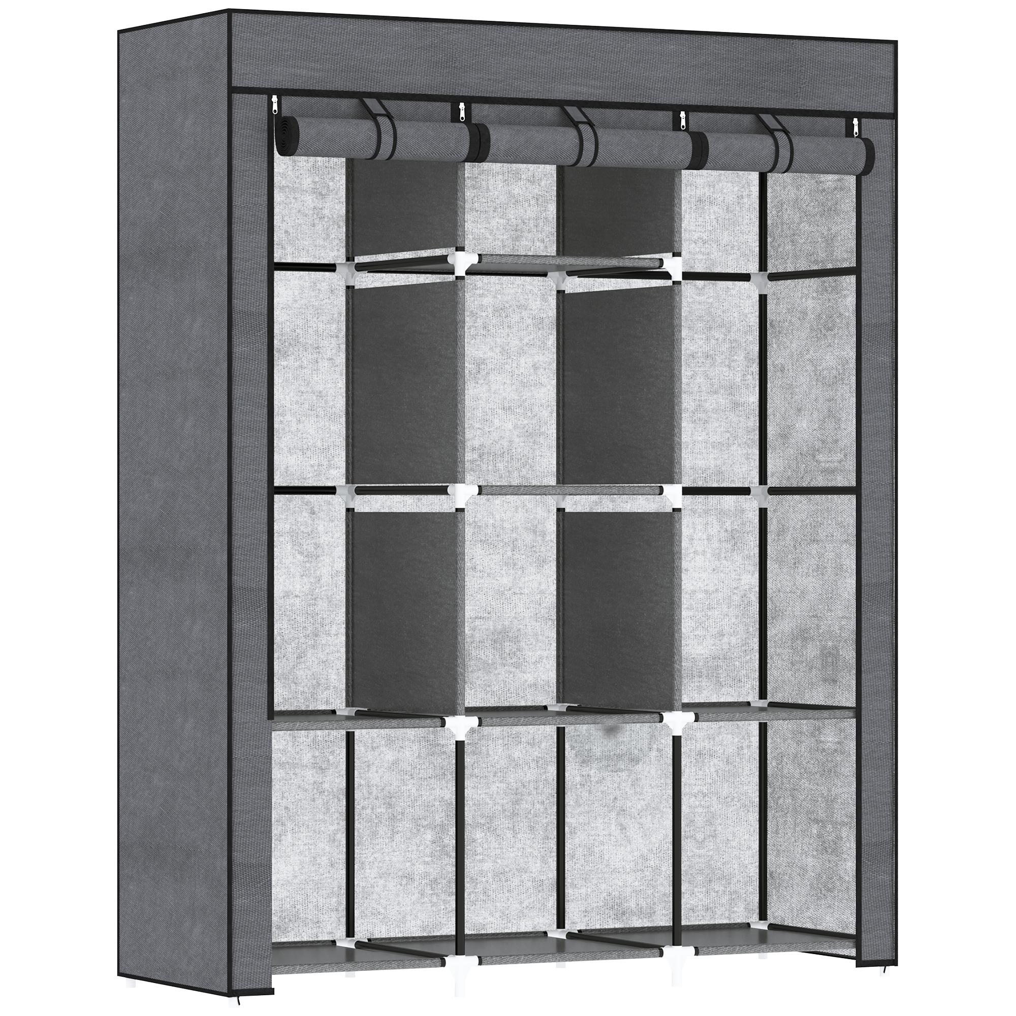 HOMCOM Armario de Tela Plegable, Armario Portátil con 2 Barras para Colgar, 8 Estantes, Marco de Acero, para Dormitorio, Vestidor, 125x43x162,5 cm
