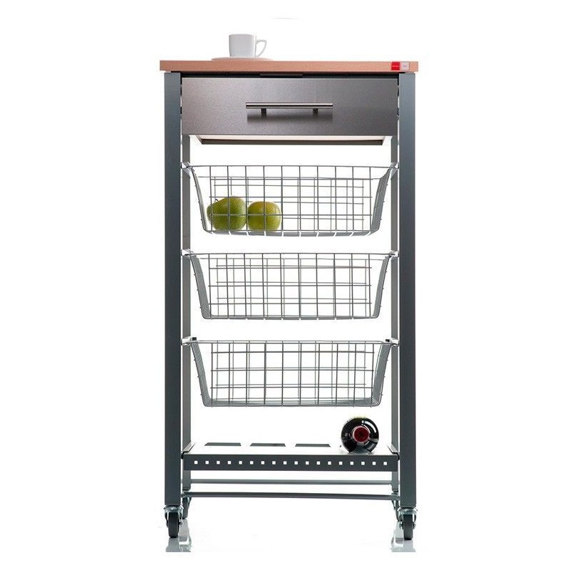 DON HIERRO - Carrito de cocina con ruedas APRIL, Mueble auxiliar elegante con cestas, cajón y botellero-