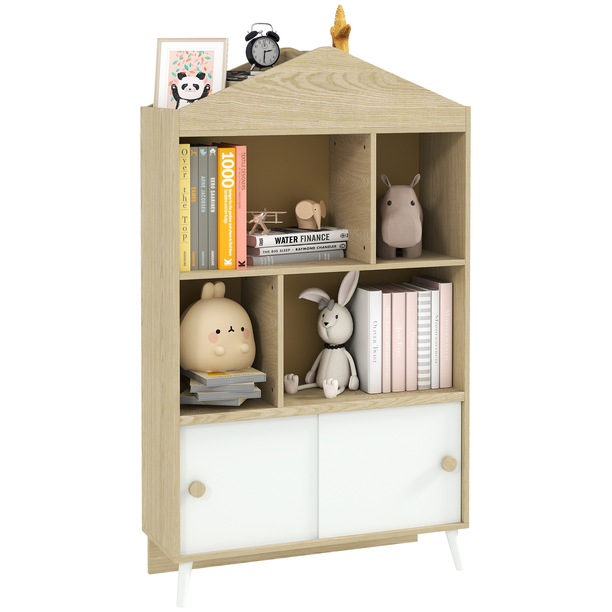 AIYAPLAY Estantería Infantil de Madera con 4 Compartimentos Librería Infantil con Estantes Abiertos y Armario para Habitación de Niños Sala de Juegos 80x30x140,5 cm