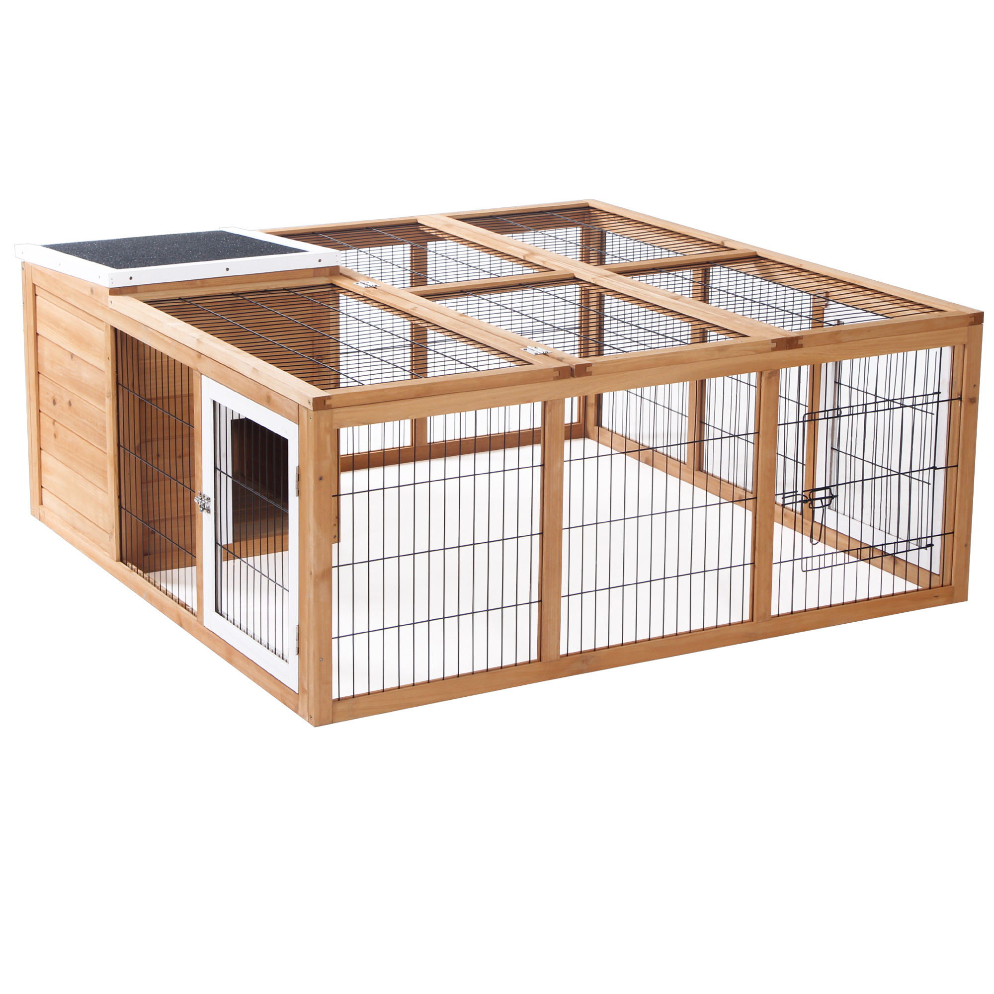 PawHut Conejera de Exterior Jaula para Conejos Cabayas Animales Pequeños con Caseta Techo Asfáltico Abatible y Múltiples Puertas 123x120x52 cm Madera Natural