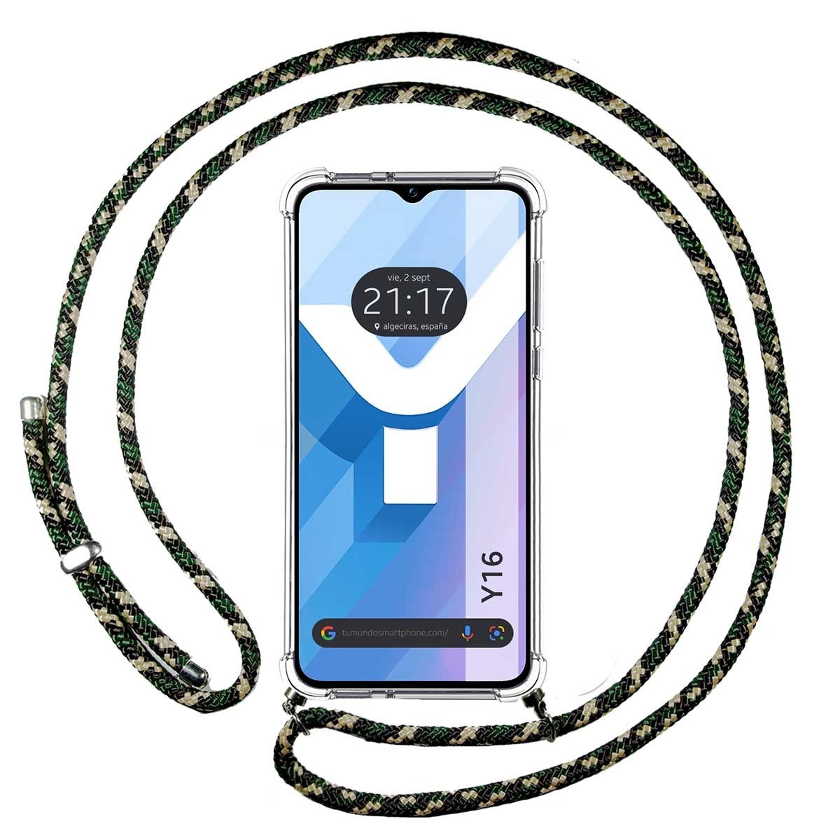 Tumundosmartphone Funda Antigolpes Colgante Transparente para Vivo Y16 con Cordon Verde / Dorado